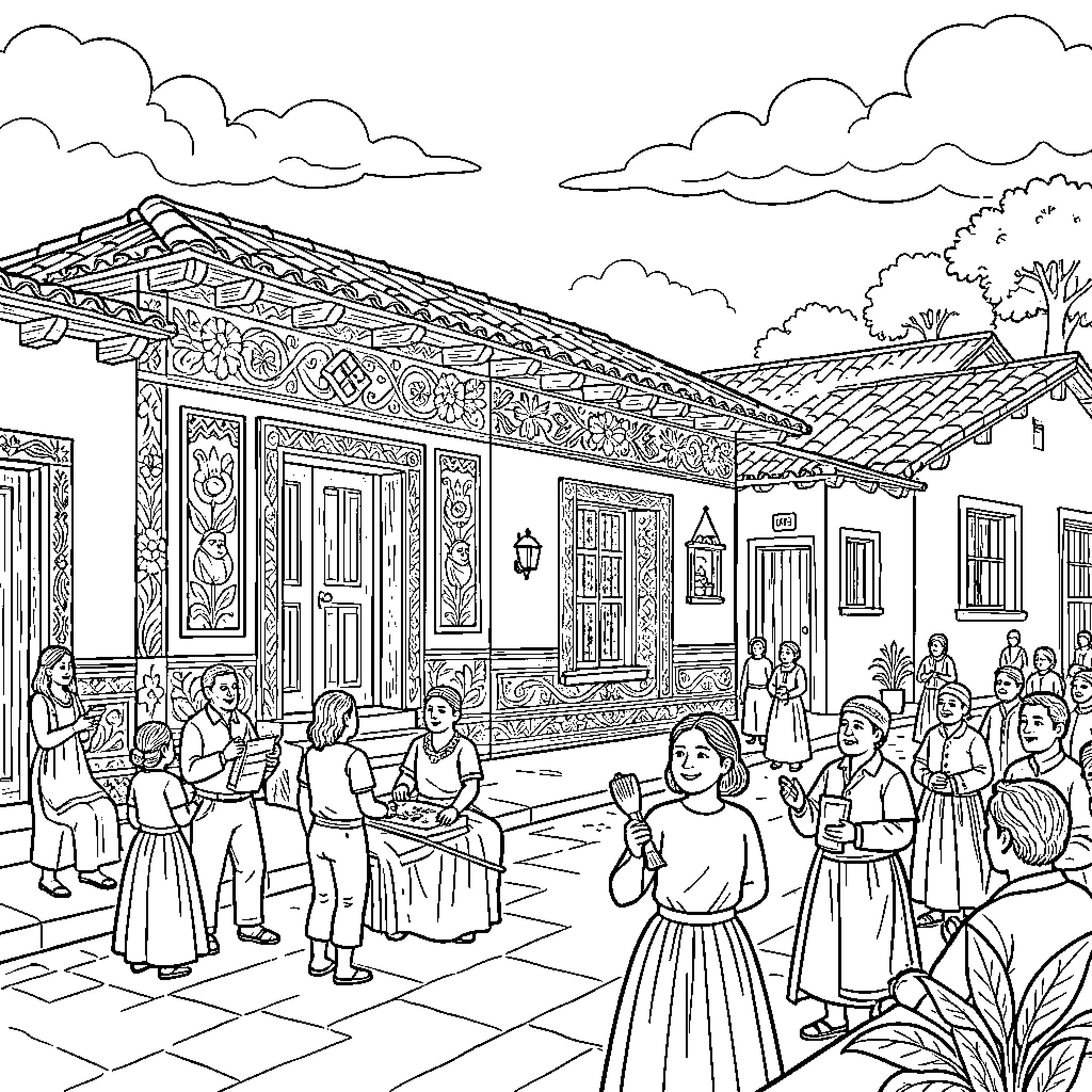 Sarchí scene with people in traditional attire Coloring Page (free black-and-white line drawing printable PDF for all, from beginners to advanced learners, including children, teens, adults, and seniors)