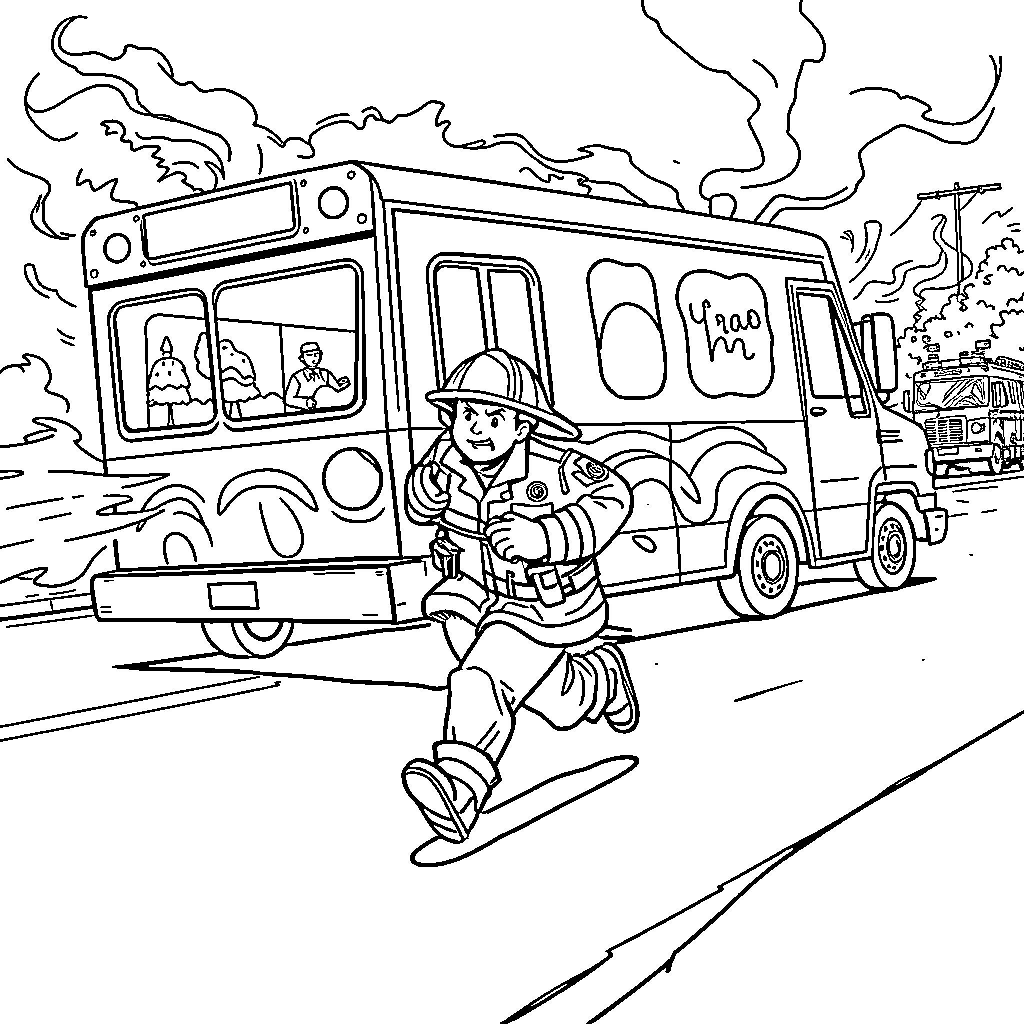 Firefighter responds to emergency call with urgency Coloring Page (free black-and-white line drawing printable PDF for all, from beginners to advanced learners, including children, teens, adults, and seniors)