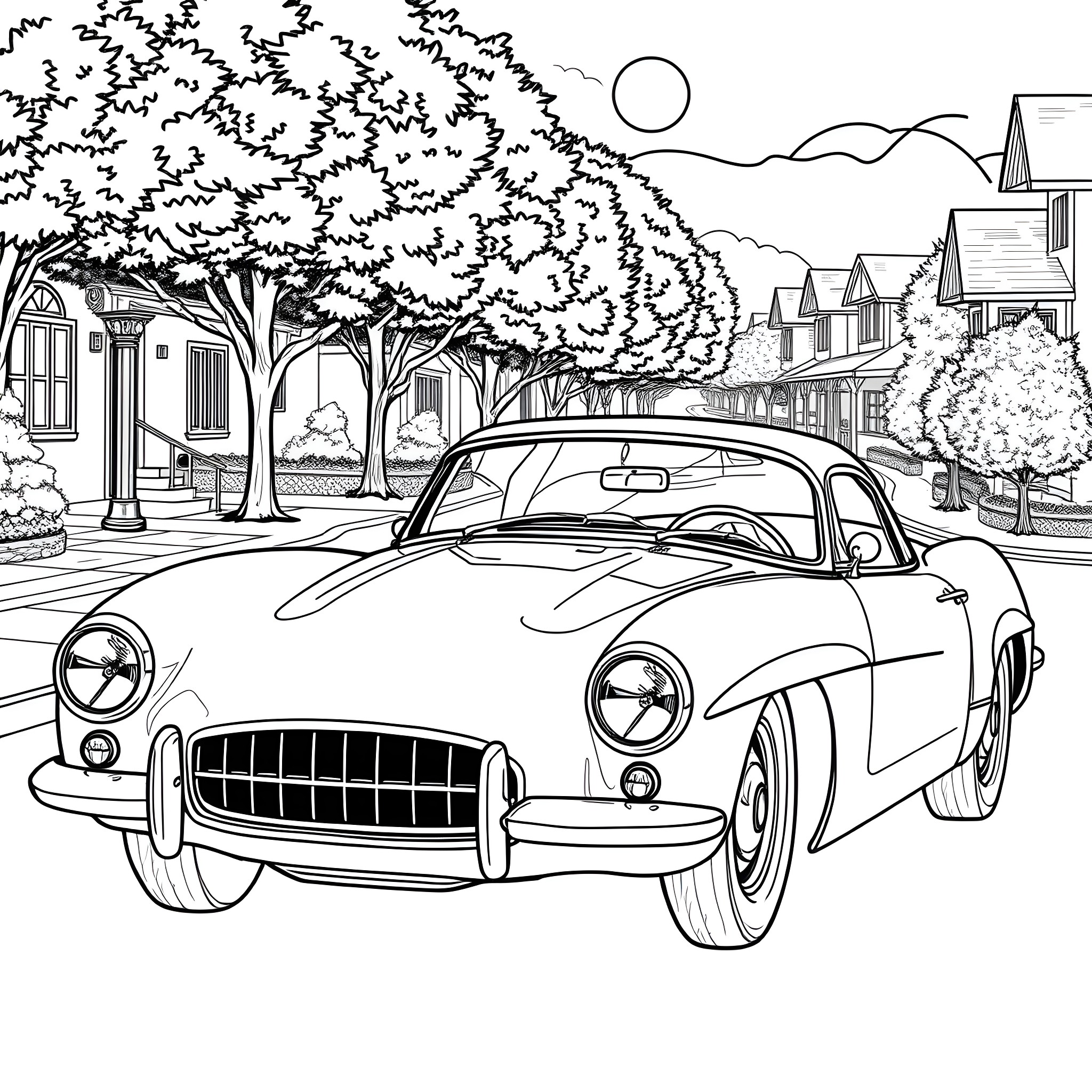 Car Parked on a Scenic Street Coloring Page (free black-and-white line drawing printable PDF for all, from beginners to advanced learners, including children, teens, adults, and seniors)