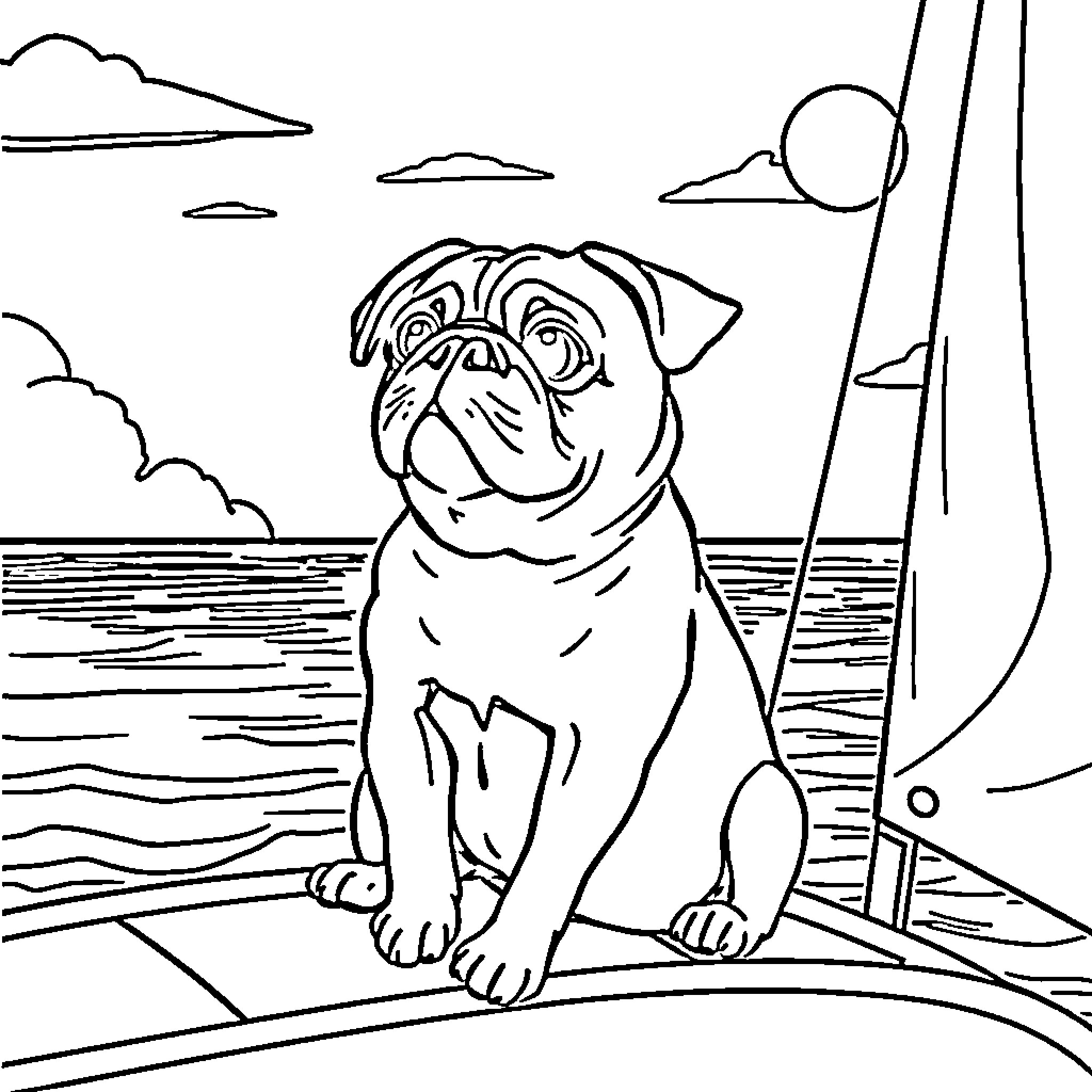 Pug enjoying the beach scenery Coloring Page (free black-and-white line drawing printable PDF for all, from beginners to advanced learners, including children, teens, adults, and seniors)