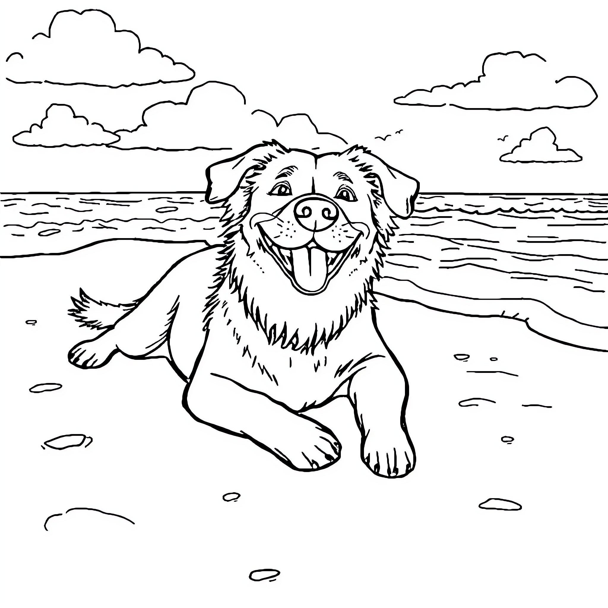 Dog happily playing on the beach Coloring Page (free black-and-white line drawing printable PDF for all, from beginners to advanced learners, including children, teens, adults, and seniors)