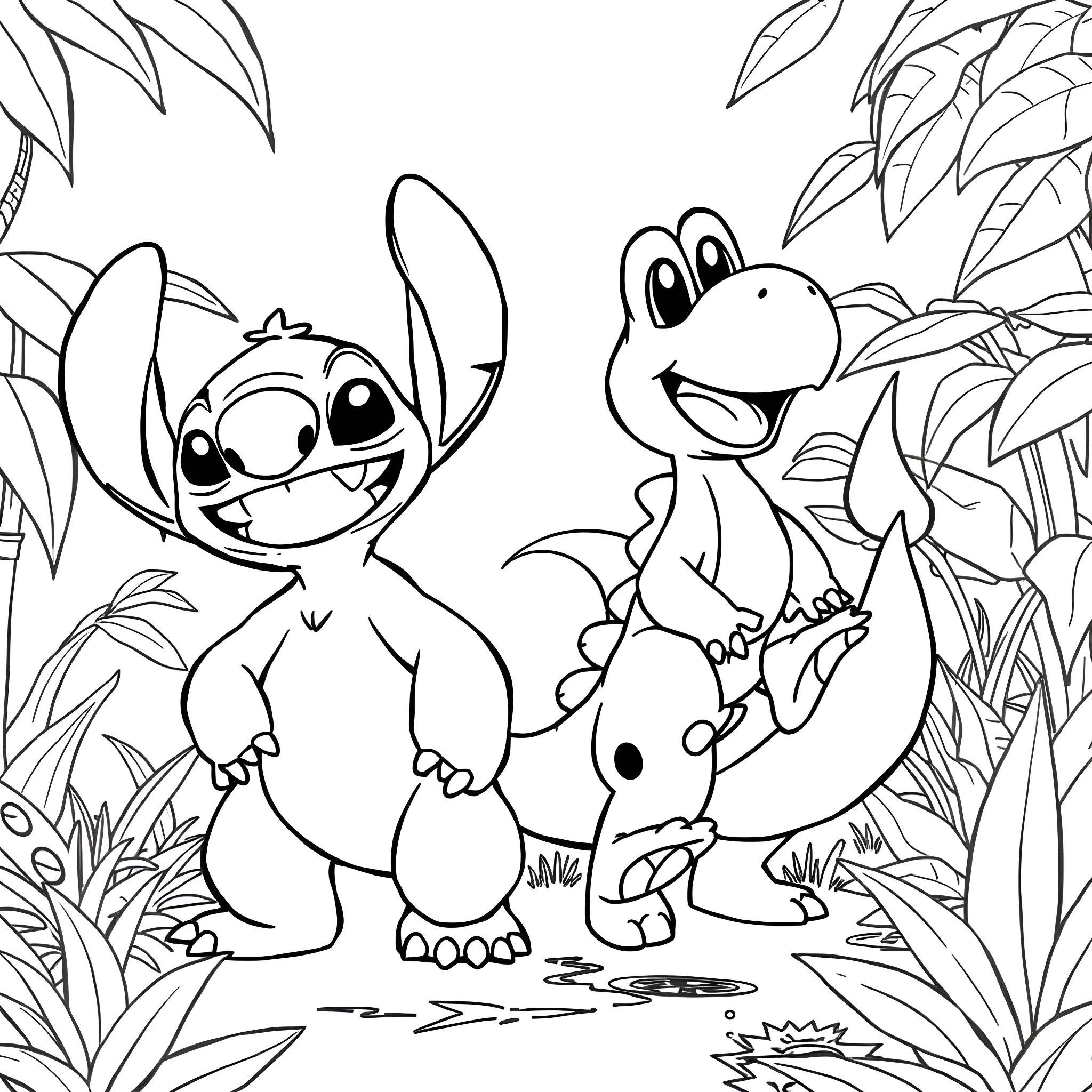 Character Exploring Magical Forest with Animal Friends Coloring Page (free black-and-white line drawing printable PDF for all, from beginners to advanced learners, including children, teens, adults, and seniors)