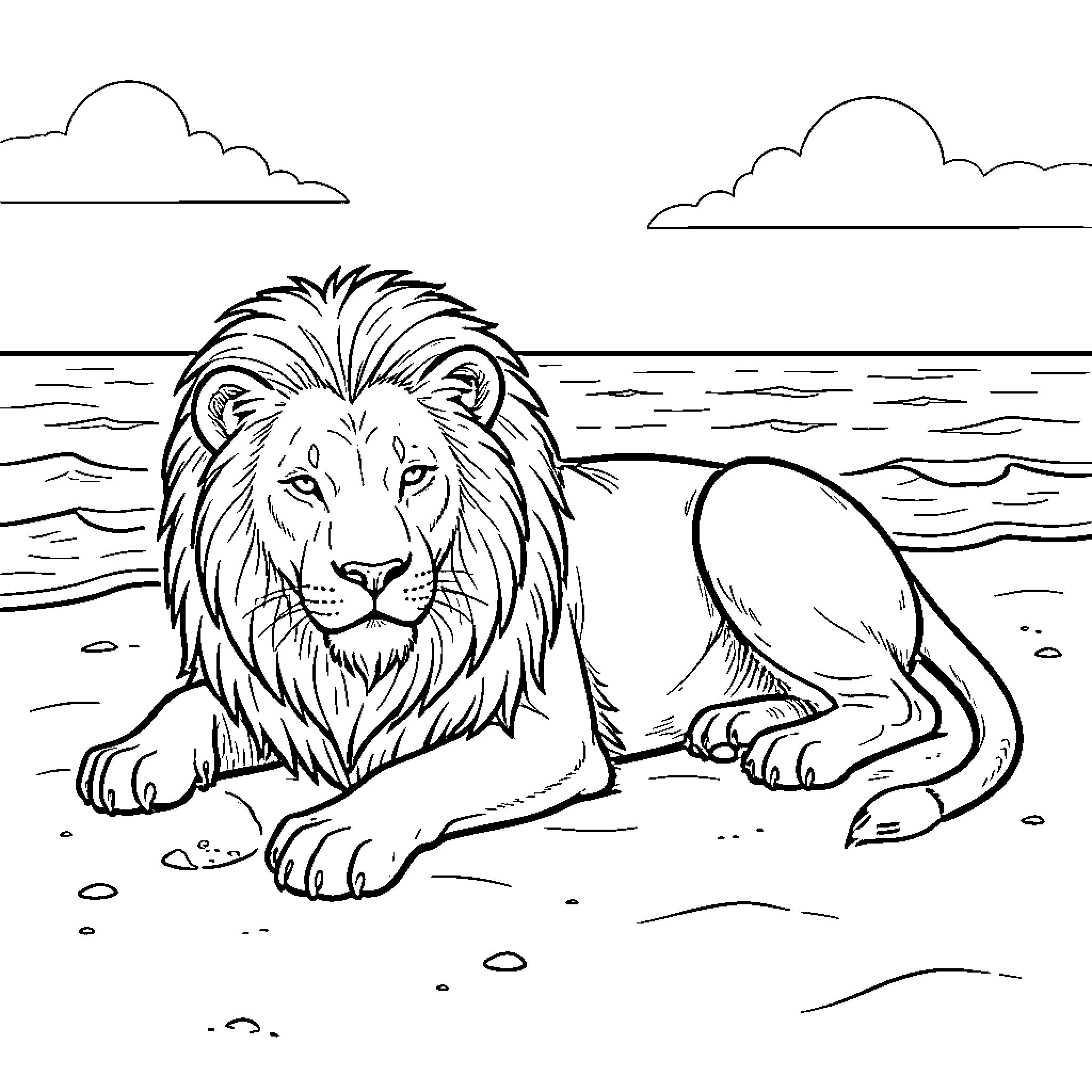 Lion resting calmly on a sandy beach Coloring Page (free black-and-white line drawing printable PDF for all, from beginners to advanced learners, including children, teens, adults, and seniors)