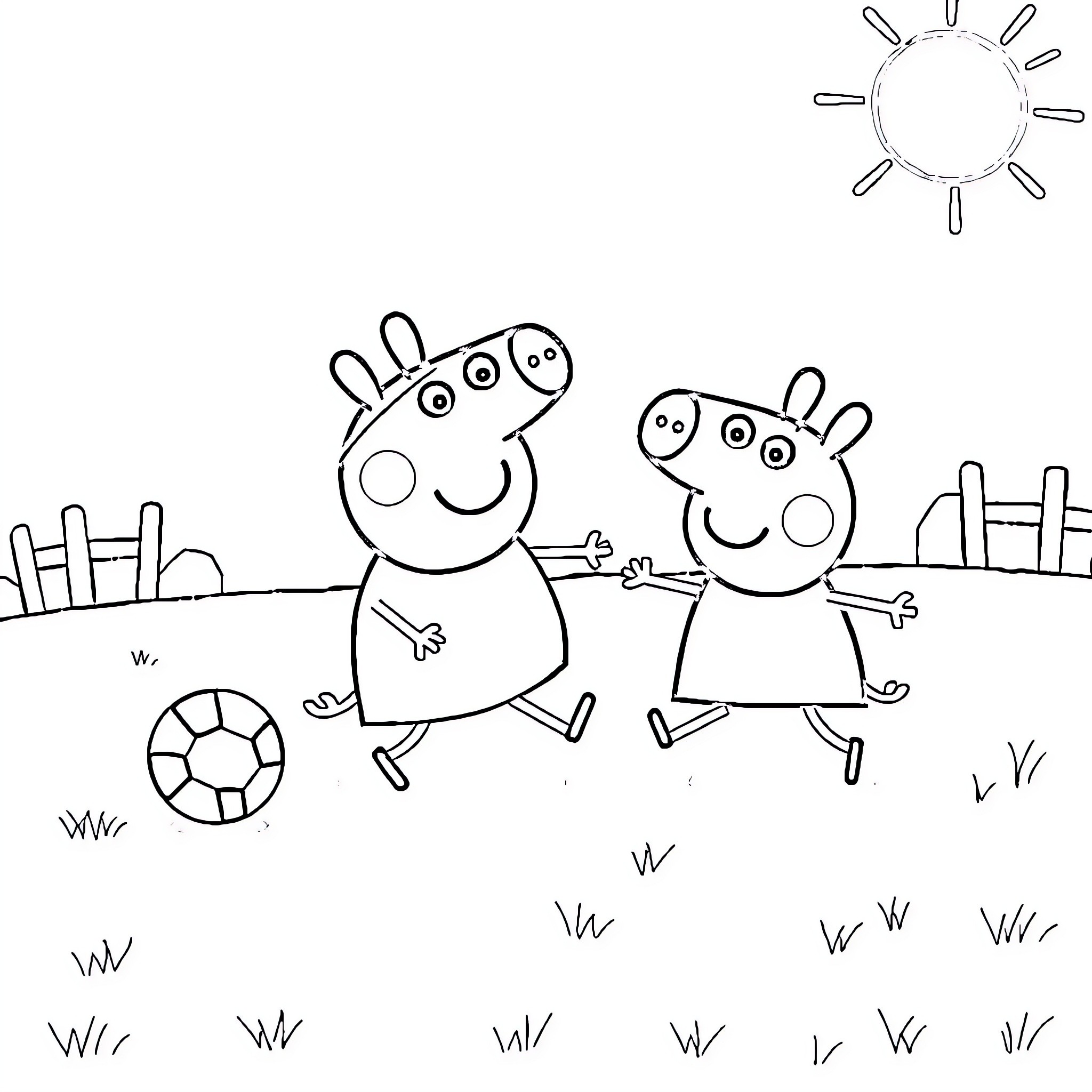Peppa Pig and friend enjoying outdoor adventure Coloring Page (free black-and-white line drawing printable PDF for all, from beginners to advanced learners, including children, teens, adults, and seniors)