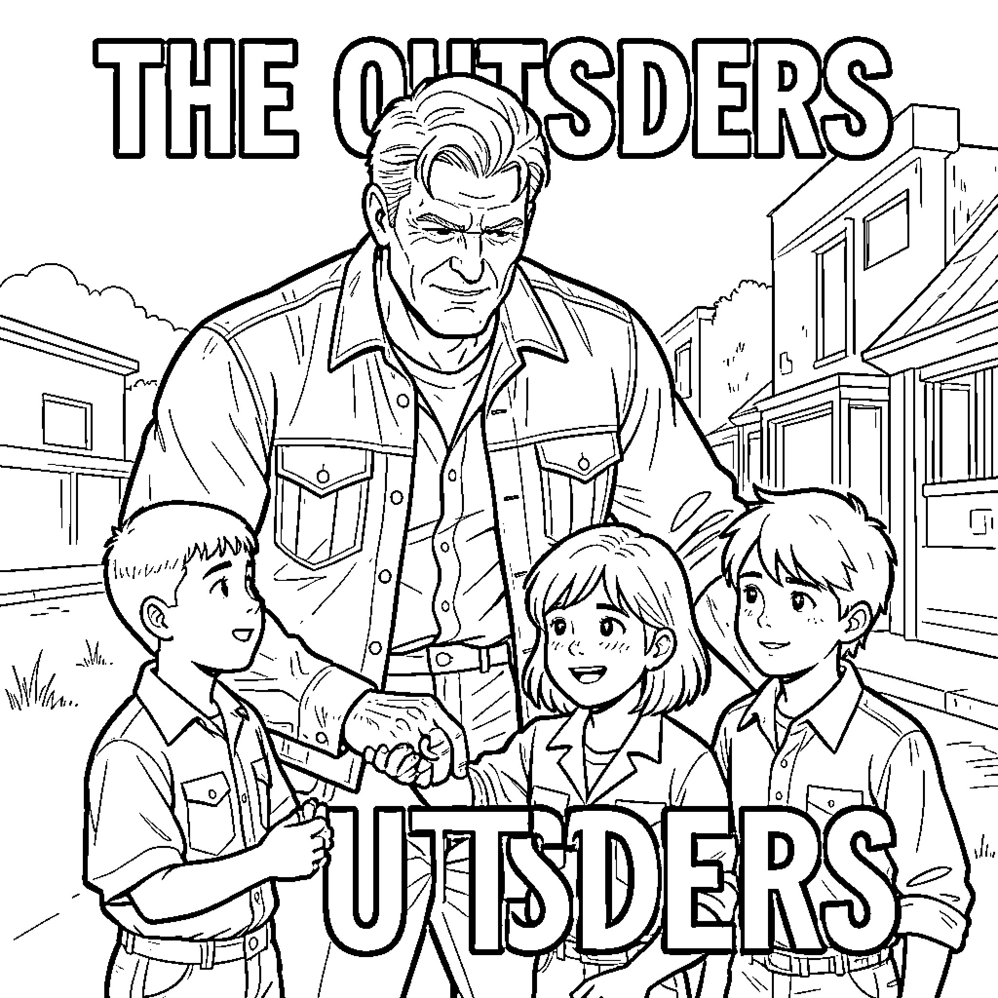 Darrel Curtis standing with three children in a neighborhood Coloring Page (free black-and-white line drawing printable PDF for all, from beginners to advanced learners, including children, teens, adults, and seniors)