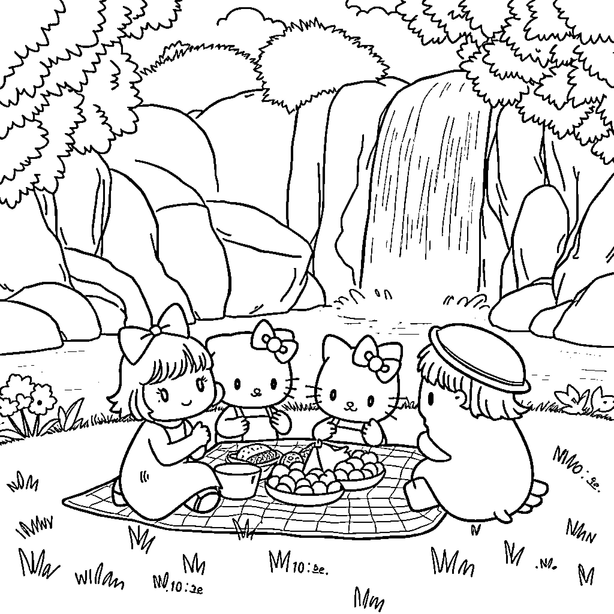 Sanrio Characters Enjoying a Picnic by the Waterfall Coloring Page (free black-and-white line drawing printable PDF for all, from beginners to advanced learners, including children, teens, adults, and seniors)