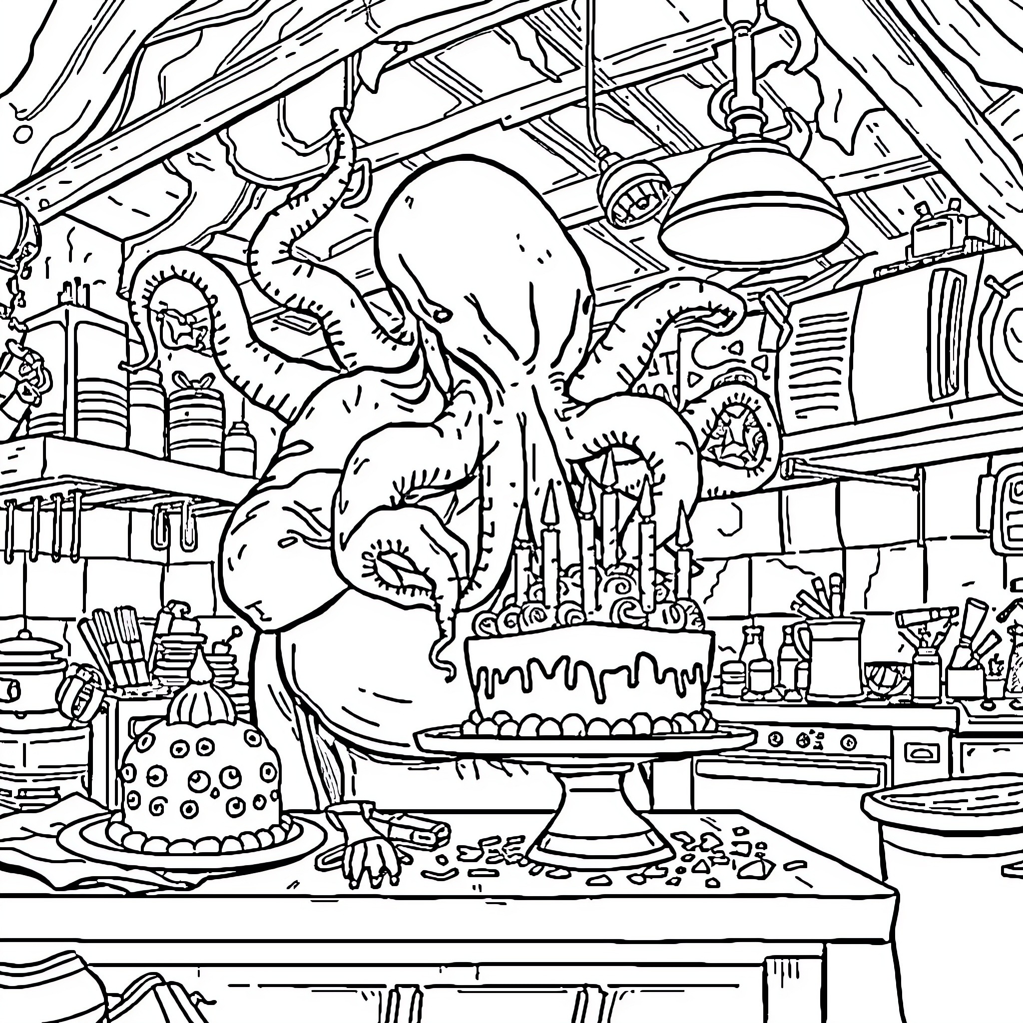 Cthulhu's Culinary Creations in the Cosmic Café Coloring Page (free black-and-white line drawing printable PDF for all, from beginners to advanced learners, including children, teens, adults, and seniors)