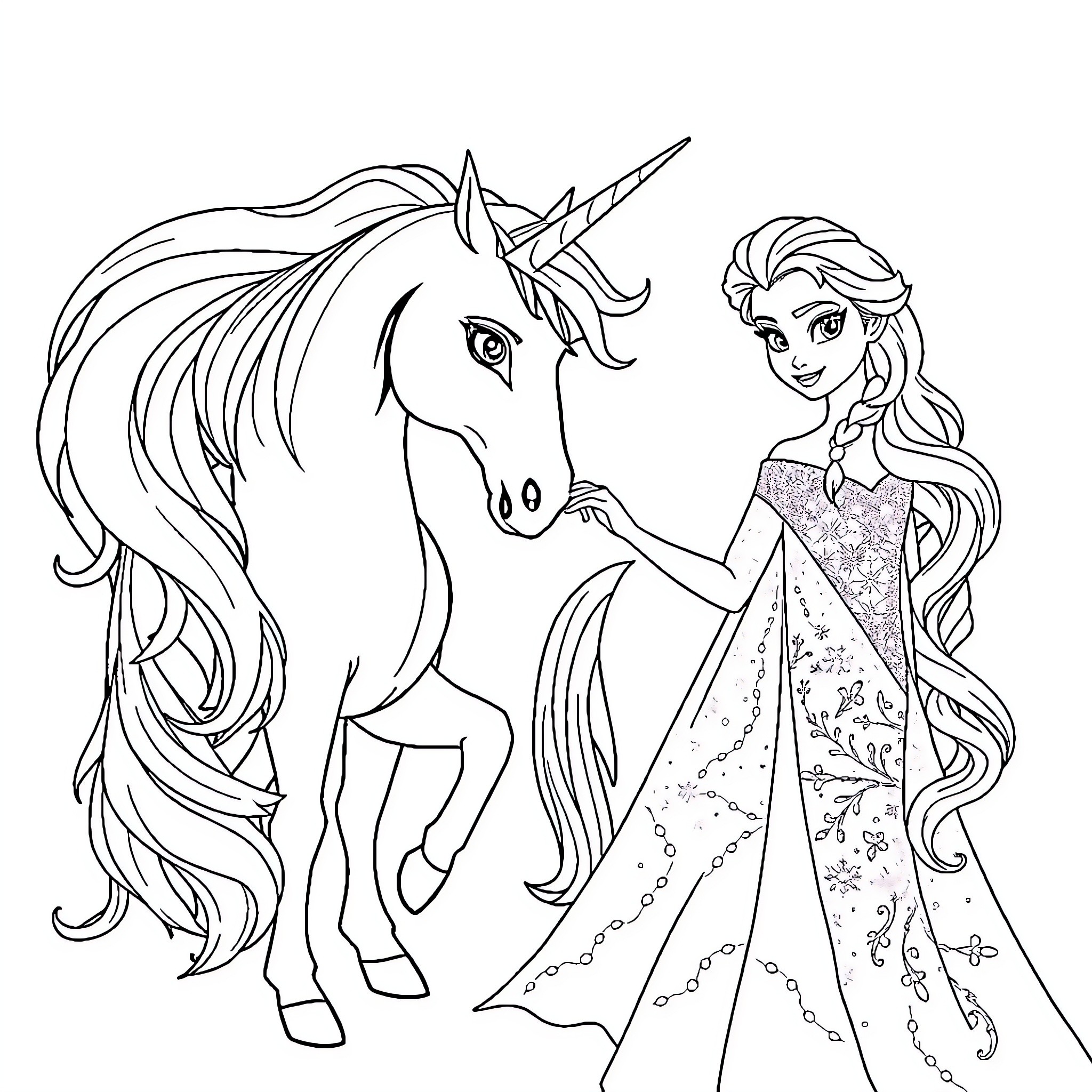 Elsa and her Magical Unicorn Coloring Page (free black-and-white line drawing printable PDF for all, from beginners to advanced learners, including children, teens, adults, and seniors)