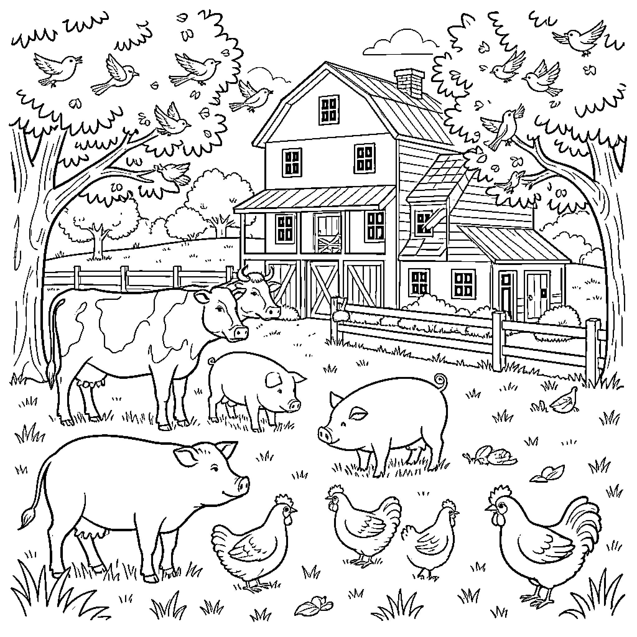 Farm animals gathered in front of a large barn Coloring Page (free black-and-white line drawing printable PDF for all, from beginners to advanced learners, including children, teens, adults, and seniors)