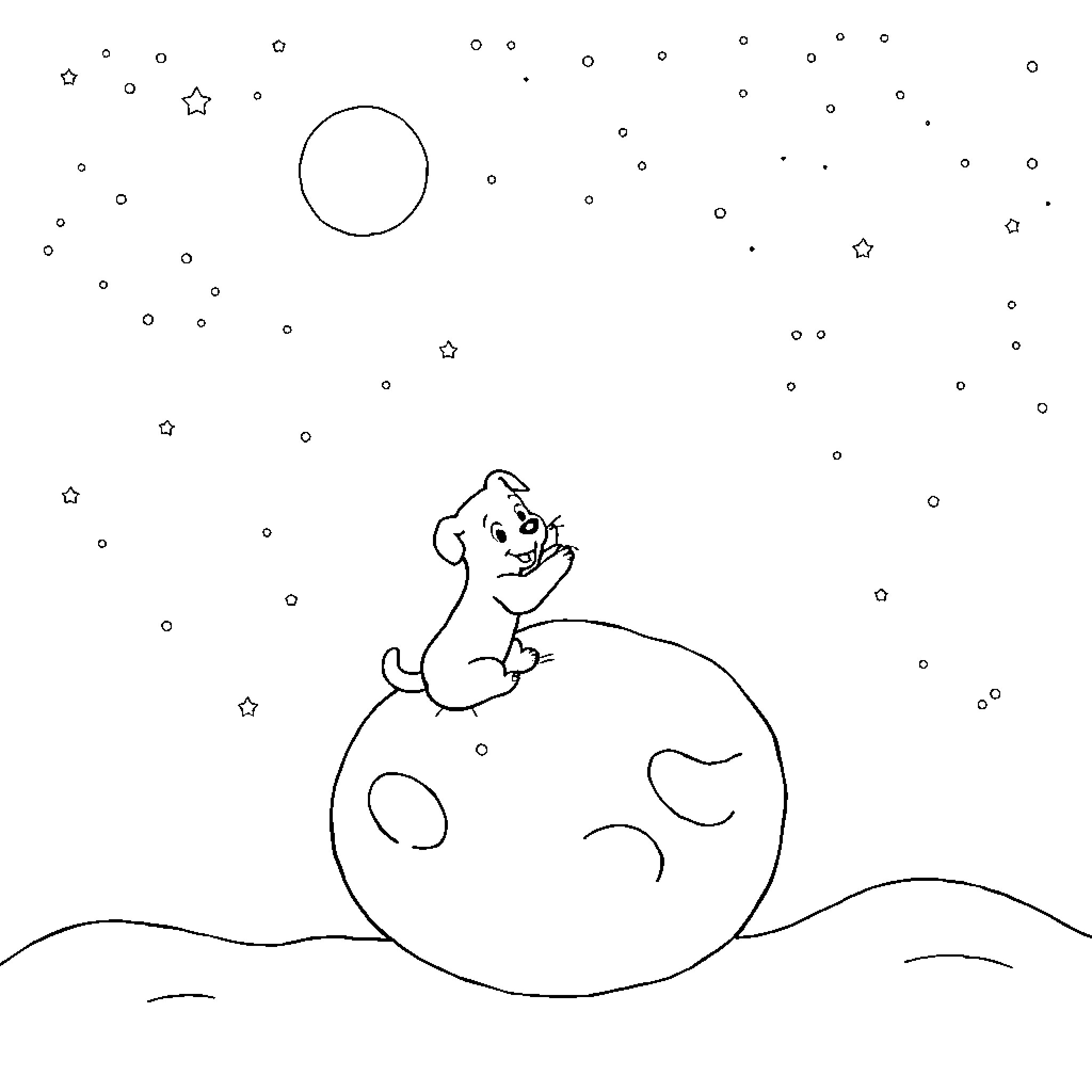 Dog exploring the moon and stars Coloring Page (free black-and-white line drawing printable PDF for all, from beginners to advanced learners, including children, teens, adults, and seniors)