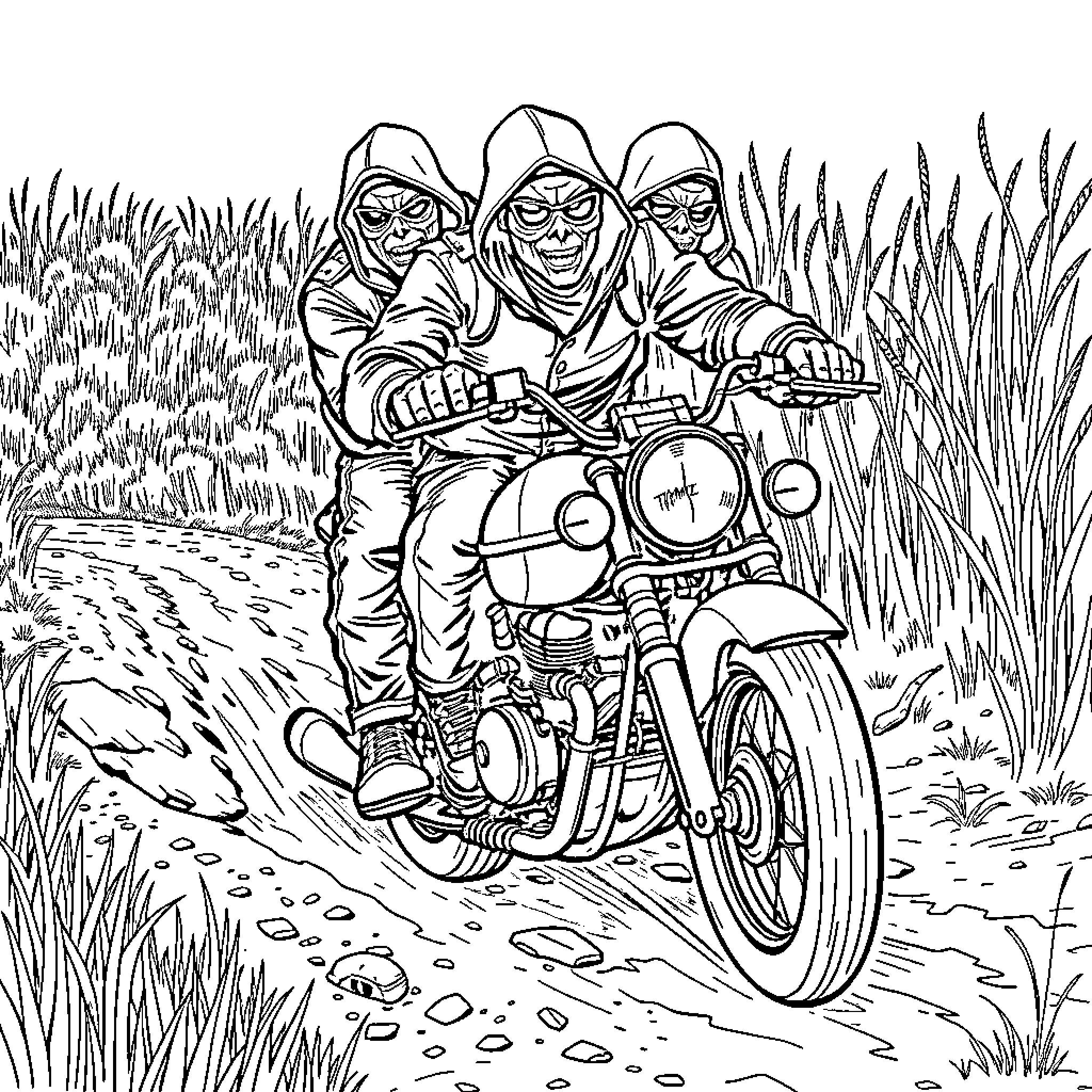 Thug Bikers Cruising Down a Dirt Path Coloring Page (free black-and-white line drawing printable PDF for all, from beginners to advanced learners, including children, teens, adults, and seniors)