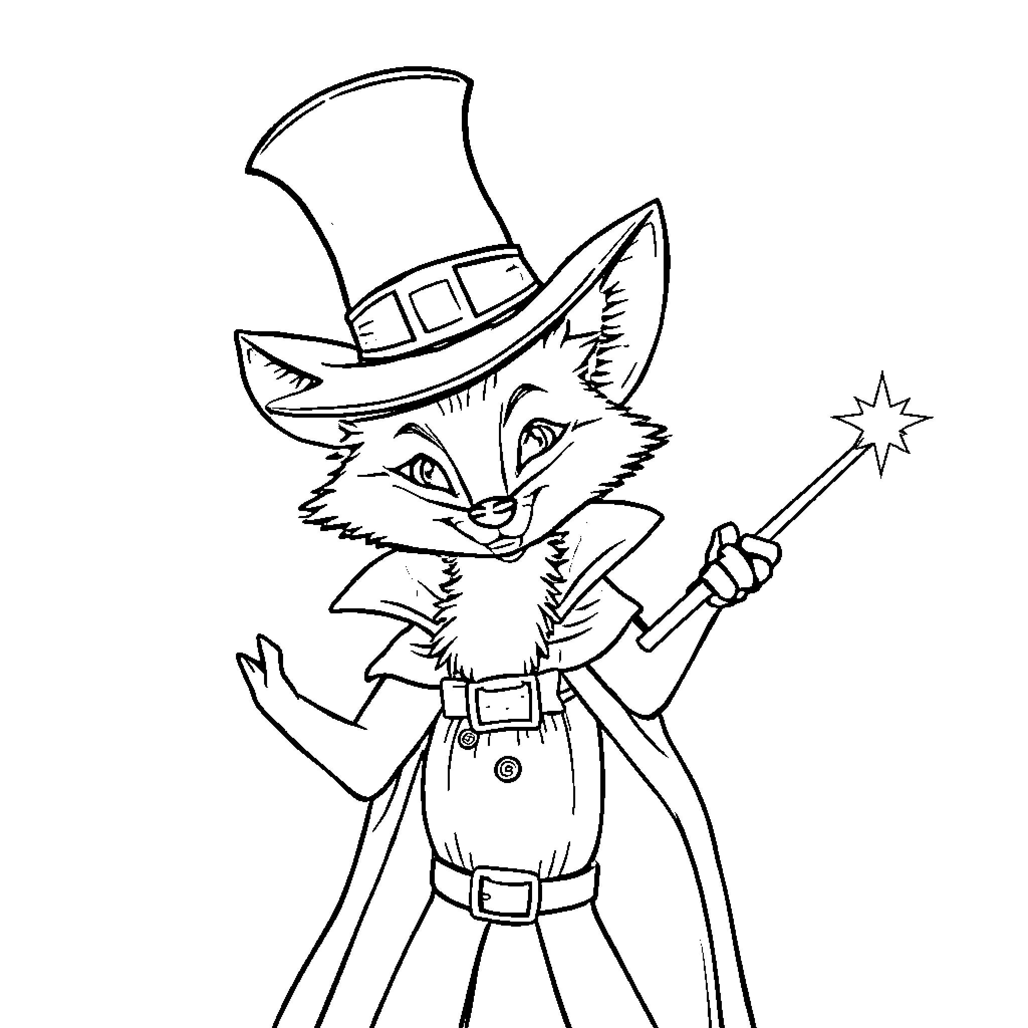 Fox in Wizard's Costume Waving Magical Wand Coloring Page (free black-and-white line drawing printable PDF for all, from beginners to advanced learners, including children, teens, adults, and seniors)