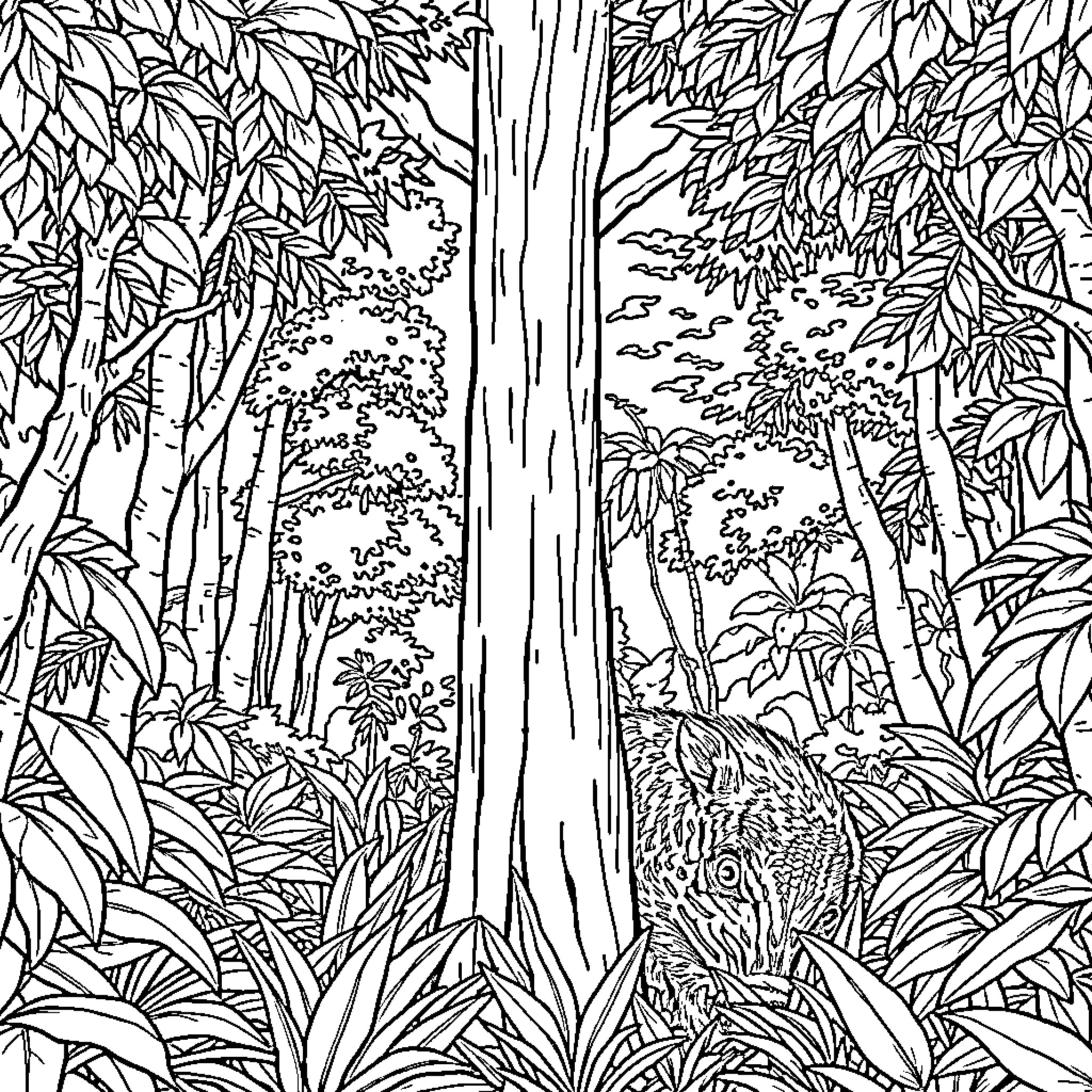 Mono Tranquil Forest Landscape Coloring Page (free black-and-white line drawing printable PDF for all, from beginners to advanced learners, including children, teens, adults, and seniors)