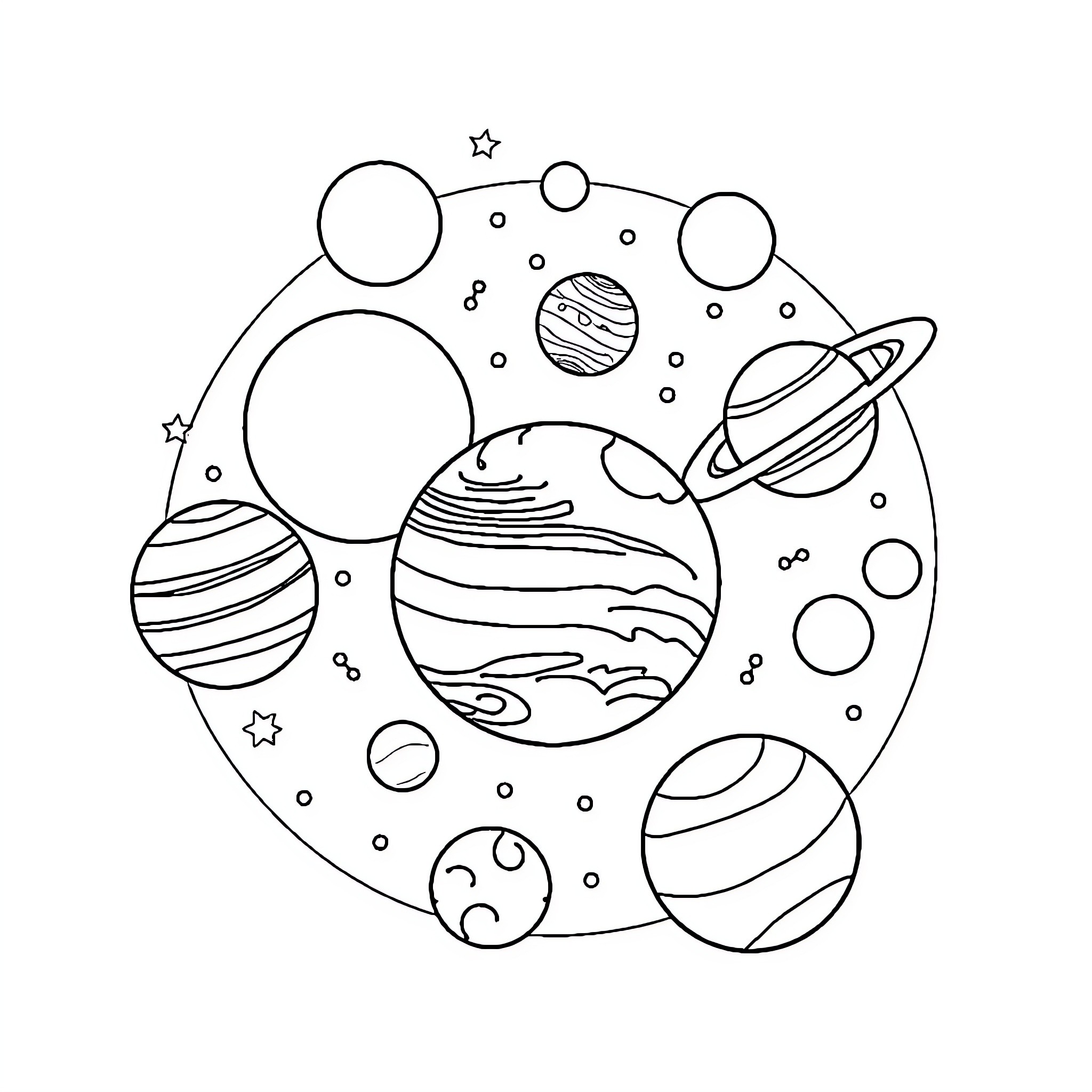 Planet Filled with Various Celestial Bodies Coloring Page (free black-and-white line drawing printable PDF for all, from beginners to advanced learners, including children, teens, adults, and seniors)