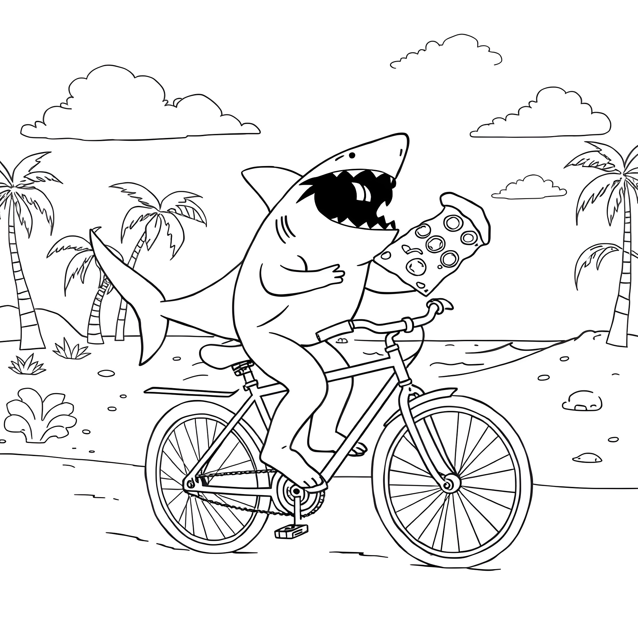 Shark riding a bicycle on the beach Coloring Page (free black-and-white line drawing printable PDF for all, from beginners to advanced learners, including children, teens, adults, and seniors)