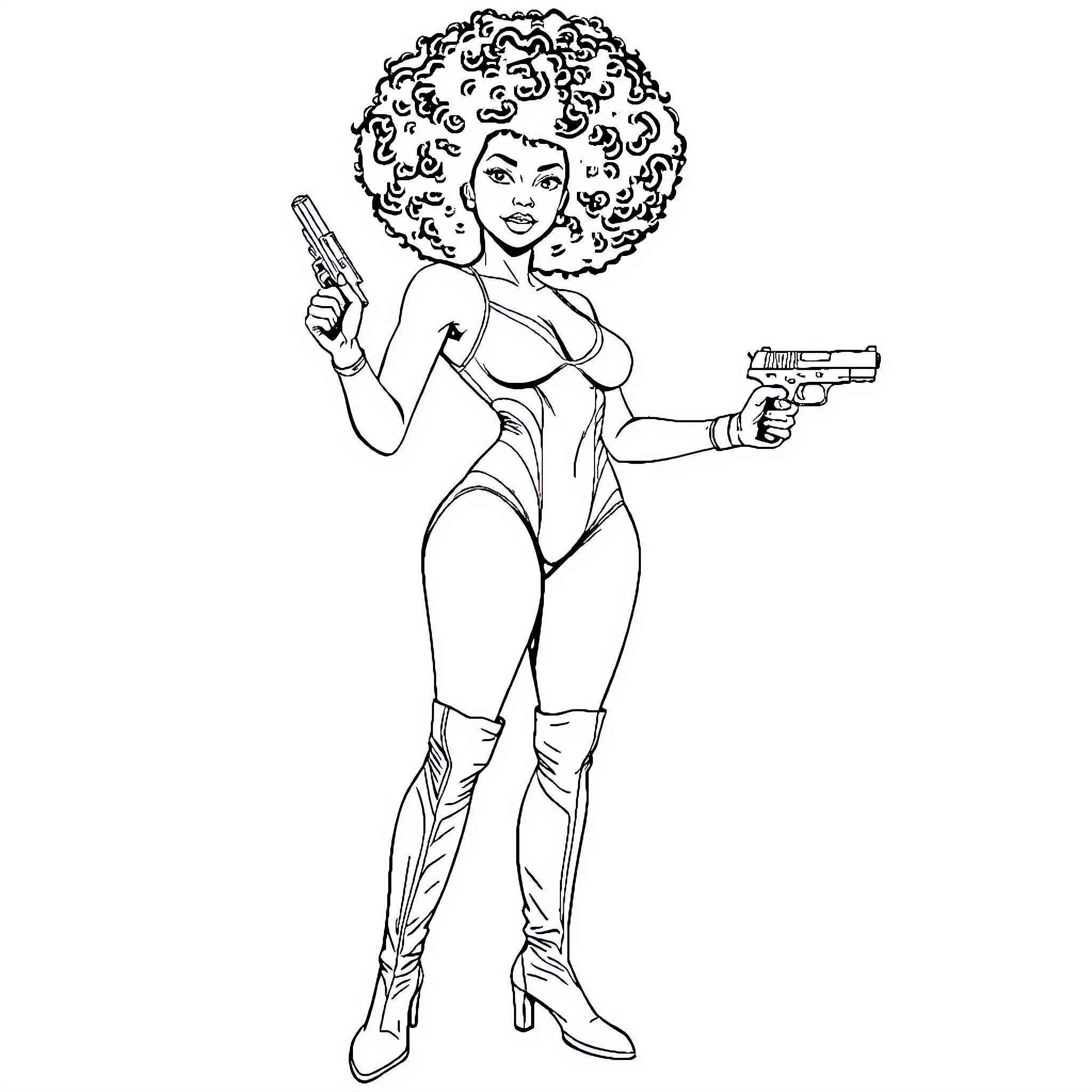 Woman in action pose with guns Coloring Page (free black-and-white line drawing printable PDF for all, from beginners to advanced learners, including children, teens, adults, and seniors)