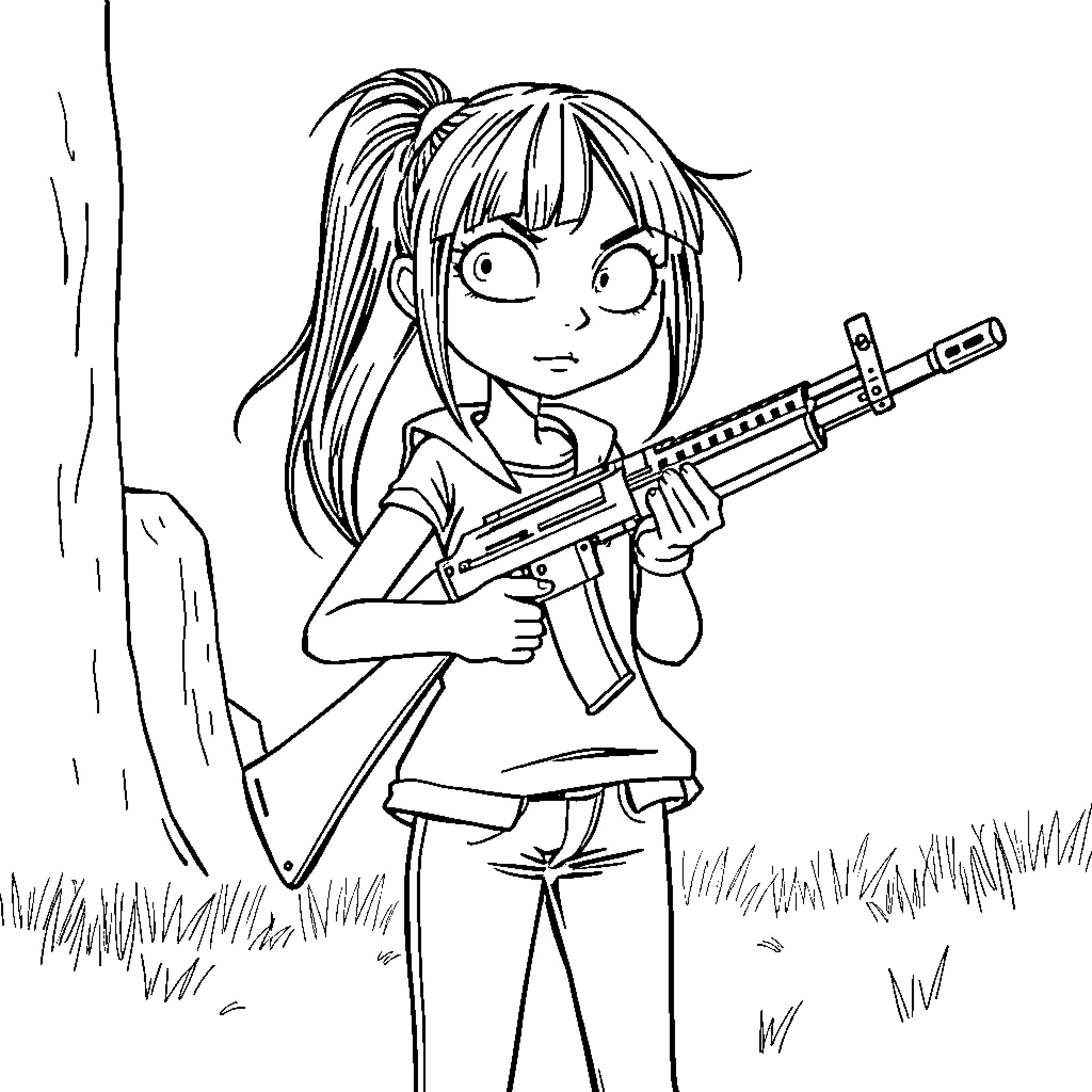 Coraline exploring the mysterious world with her rifle Coloring Page (free black-and-white line drawing printable PDF for all, from beginners to advanced learners, including children, teens, adults, and seniors)
