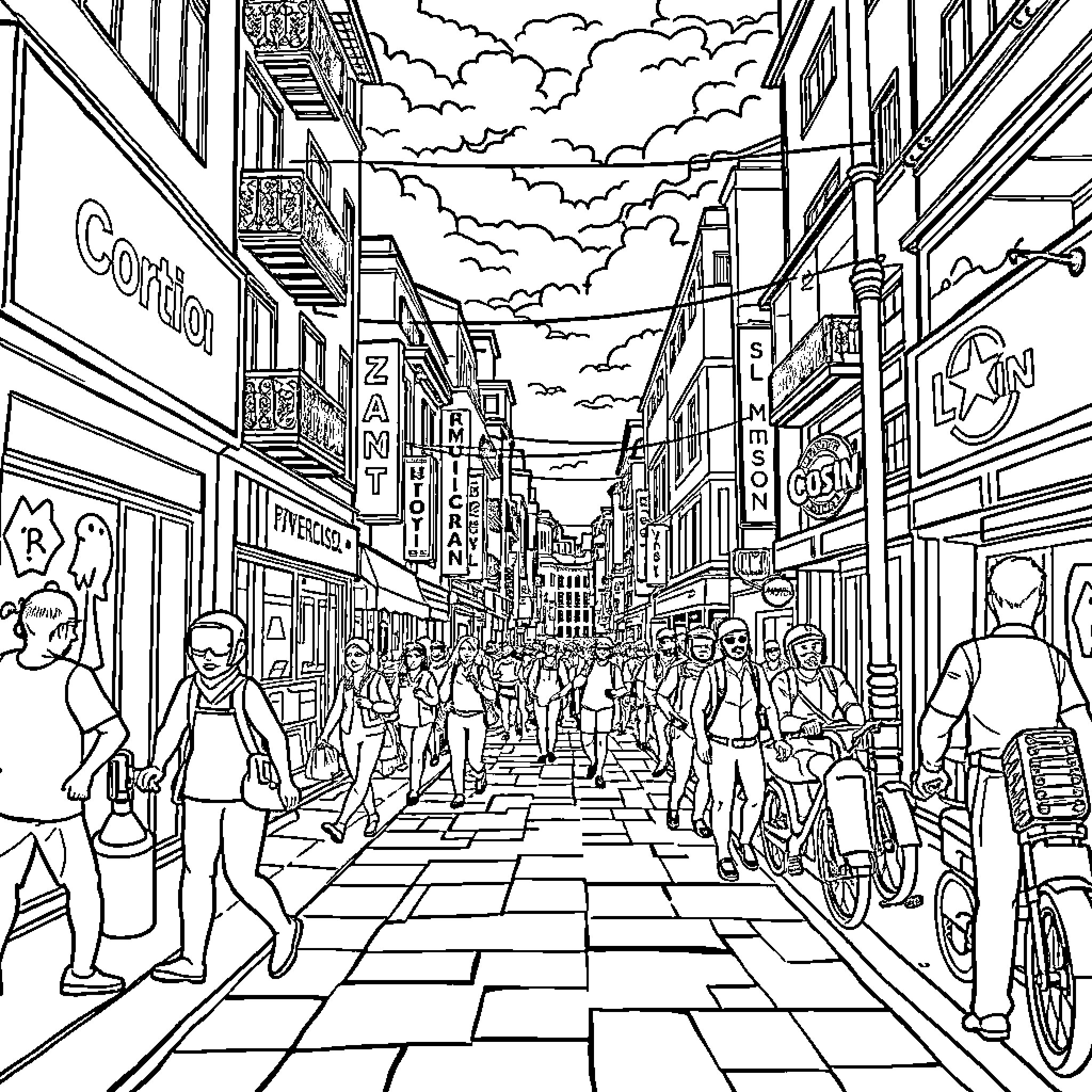 Superzings: Lively Urban Bustle with Pedestrians and Bikes Coloring Page (free black-and-white line drawing printable PDF for all, from beginners to advanced learners, including children, teens, adults, and seniors)