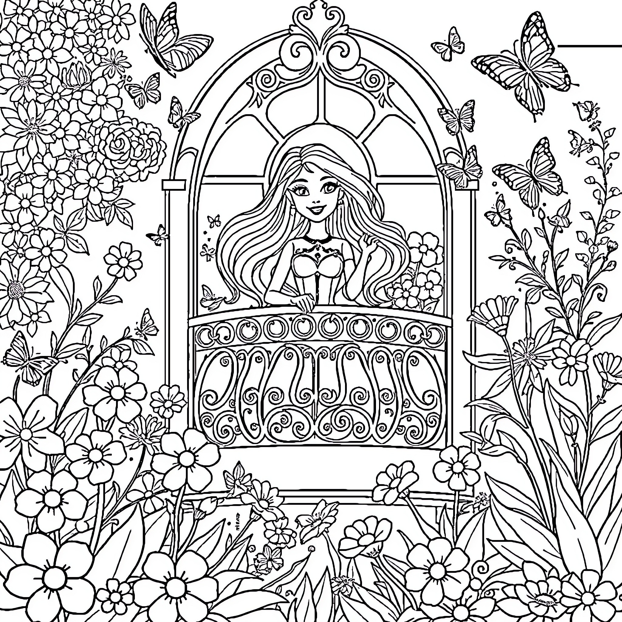 Barbie's Enchanted Garden Adventure Coloring Page (free black-and-white line drawing printable PDF for all, from beginners to advanced learners, including children, teens, adults, and seniors)