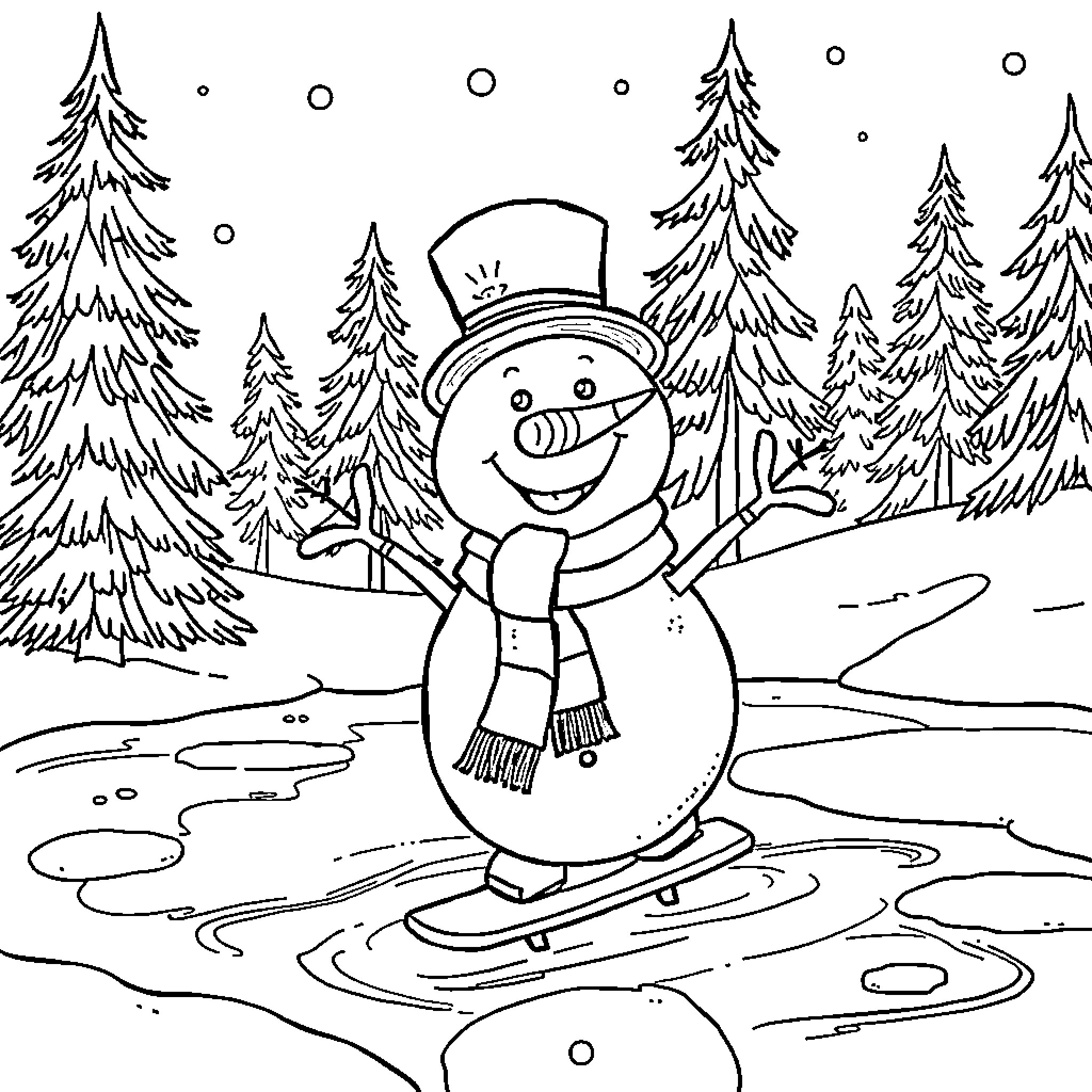 Snowman enjoying winter activities in the snowy forest Coloring Page (free black-and-white line drawing printable PDF for all, from beginners to advanced learners, including children, teens, adults, and seniors)