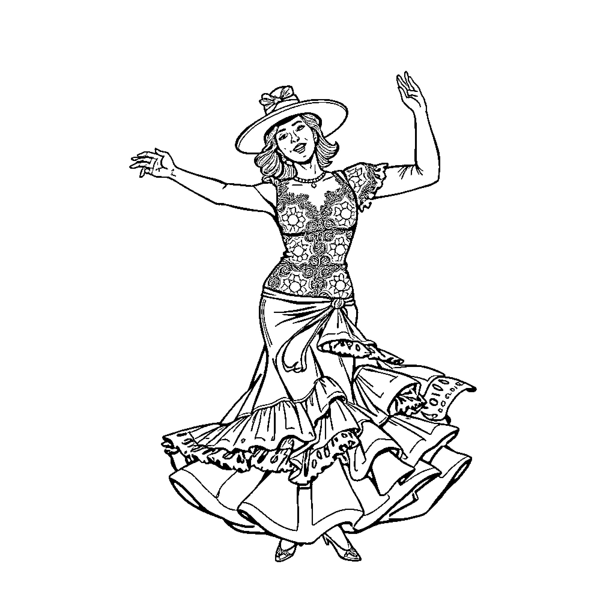 Flamenco dancer in traditional costume and pose Coloring Page (free black-and-white line drawing printable PDF for all, from beginners to advanced learners, including children, teens, adults, and seniors)