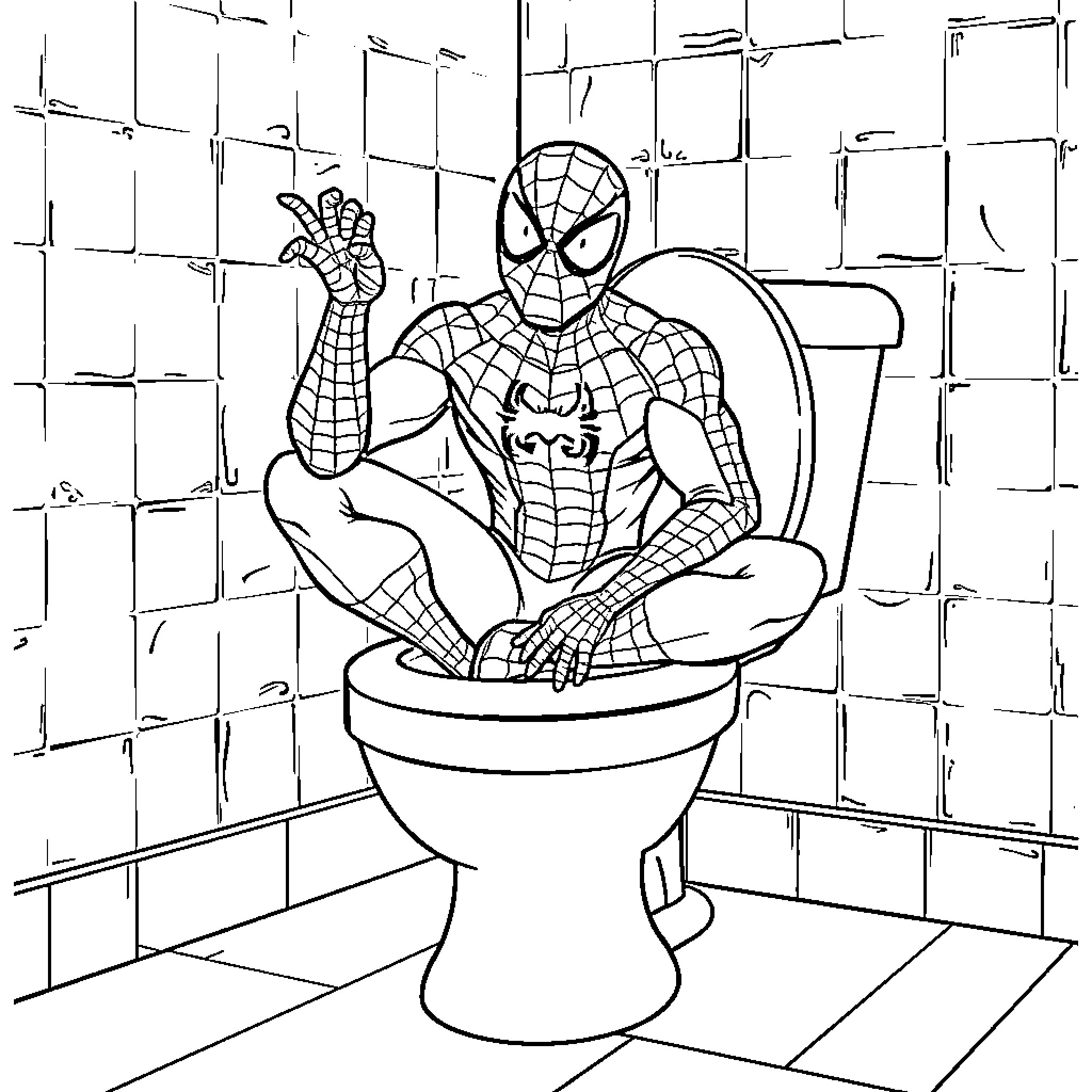 Spiderman seated on the toilet Coloring Page (free black-and-white line drawing printable PDF for all, from beginners to advanced learners, including children, teens, adults, and seniors)