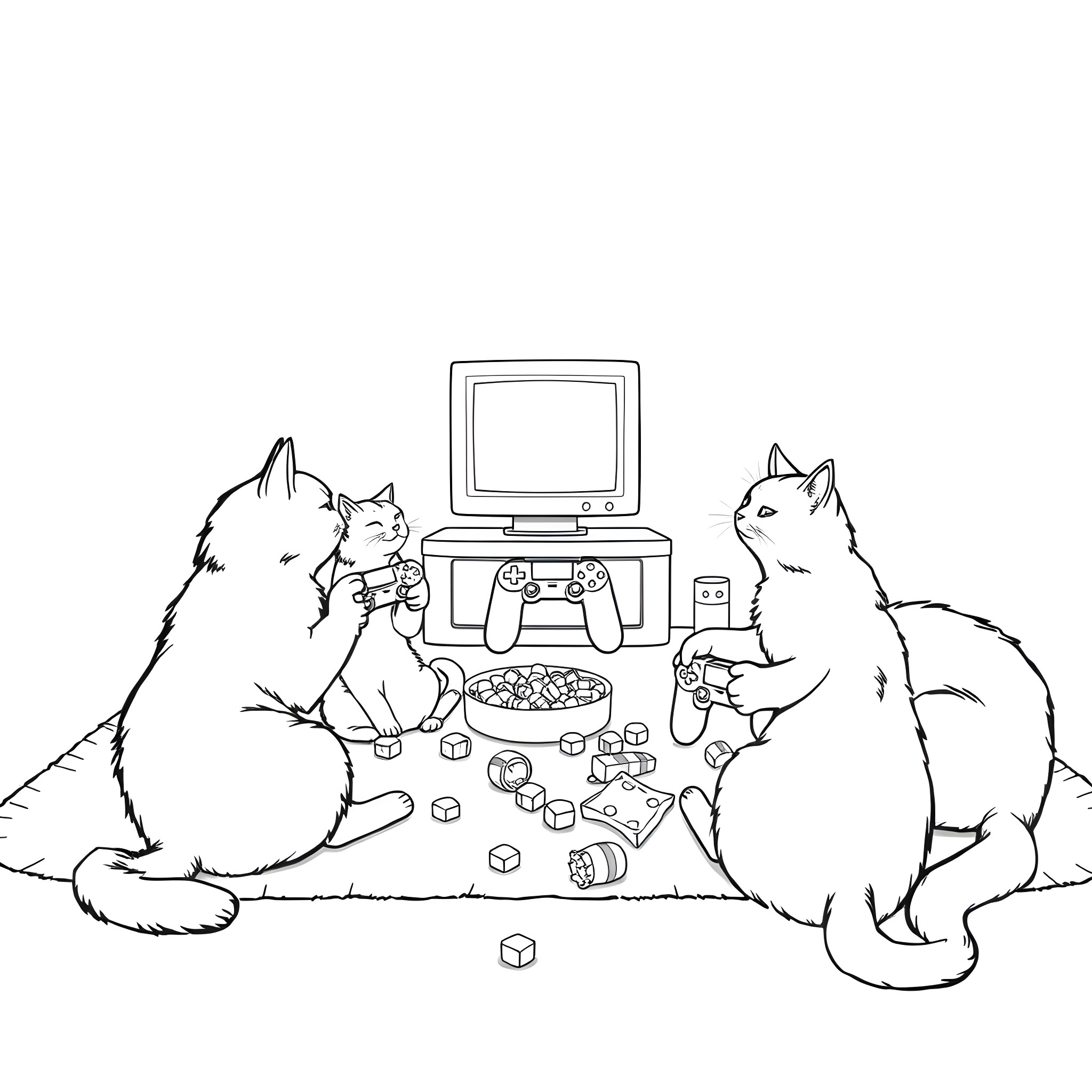 Cats Playing Video Games Together Coloring Page (free black-and-white line drawing printable PDF for all, from beginners to advanced learners, including children, teens, adults, and seniors)