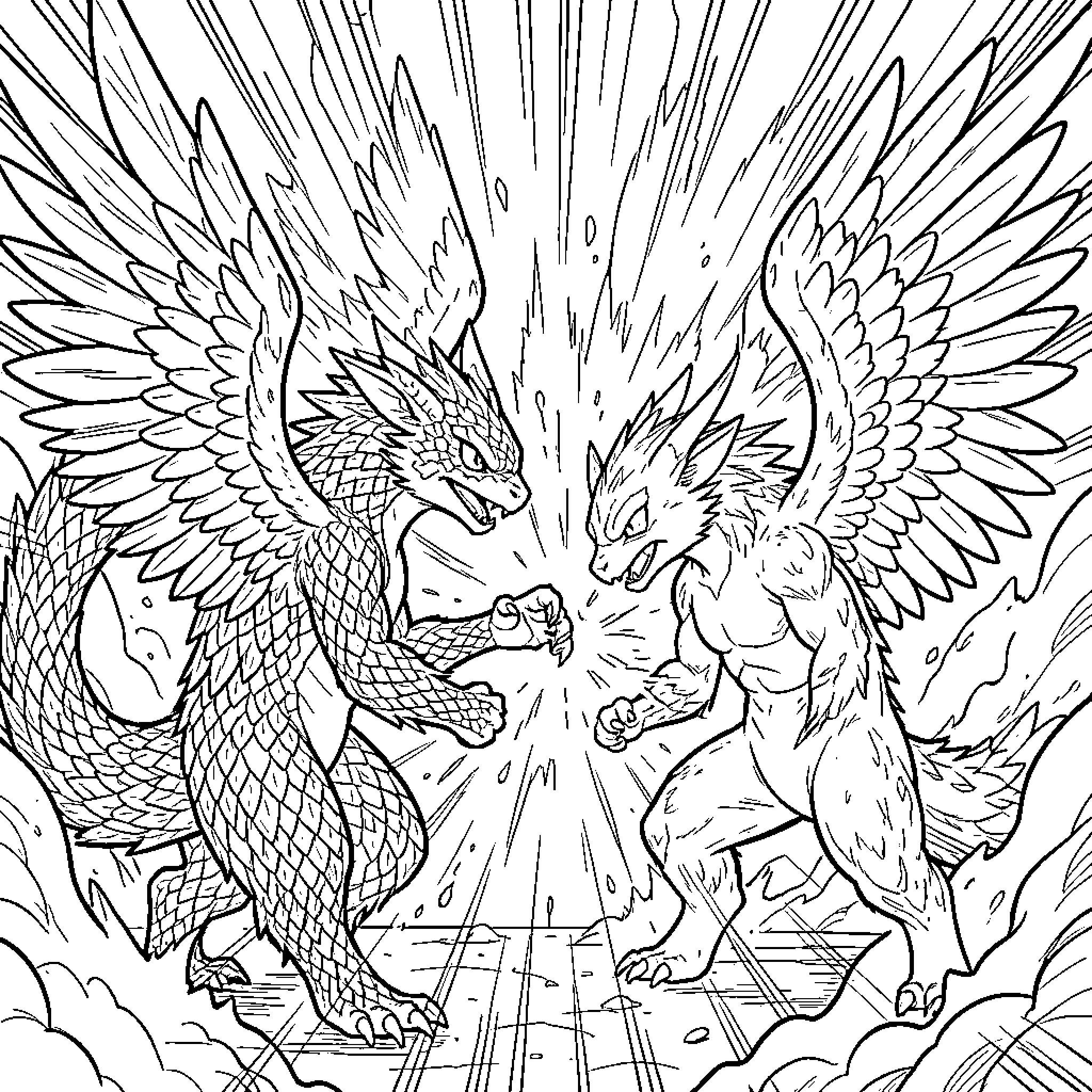 Pokémon Creatures in Epic Clash Coloring Page (free black-and-white line drawing printable PDF for all, from beginners to advanced learners, including children, teens, adults, and seniors)