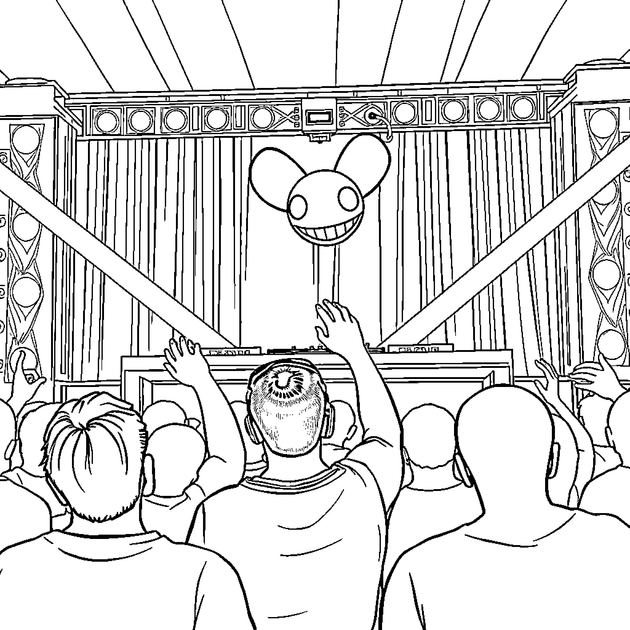 DJ Deadmau5 performing for an enthusiastic crowd Coloring Page (free black-and-white line drawing printable PDF for all, from beginners to advanced learners, including children, teens, adults, and seniors)