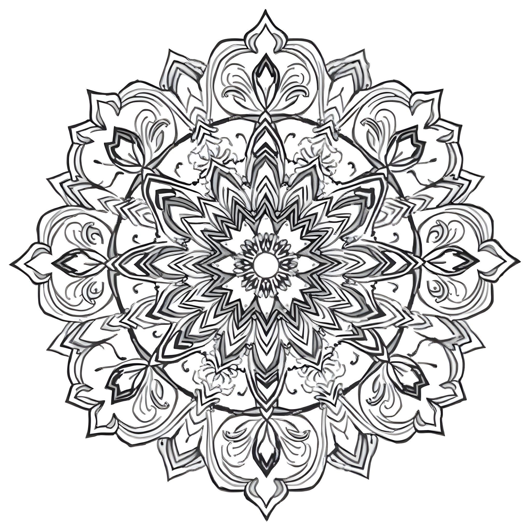 Mandala with intricate floral patterns Coloring Page (free black-and-white line drawing printable PDF for all, from beginners to advanced learners, including children, teens, adults, and seniors)