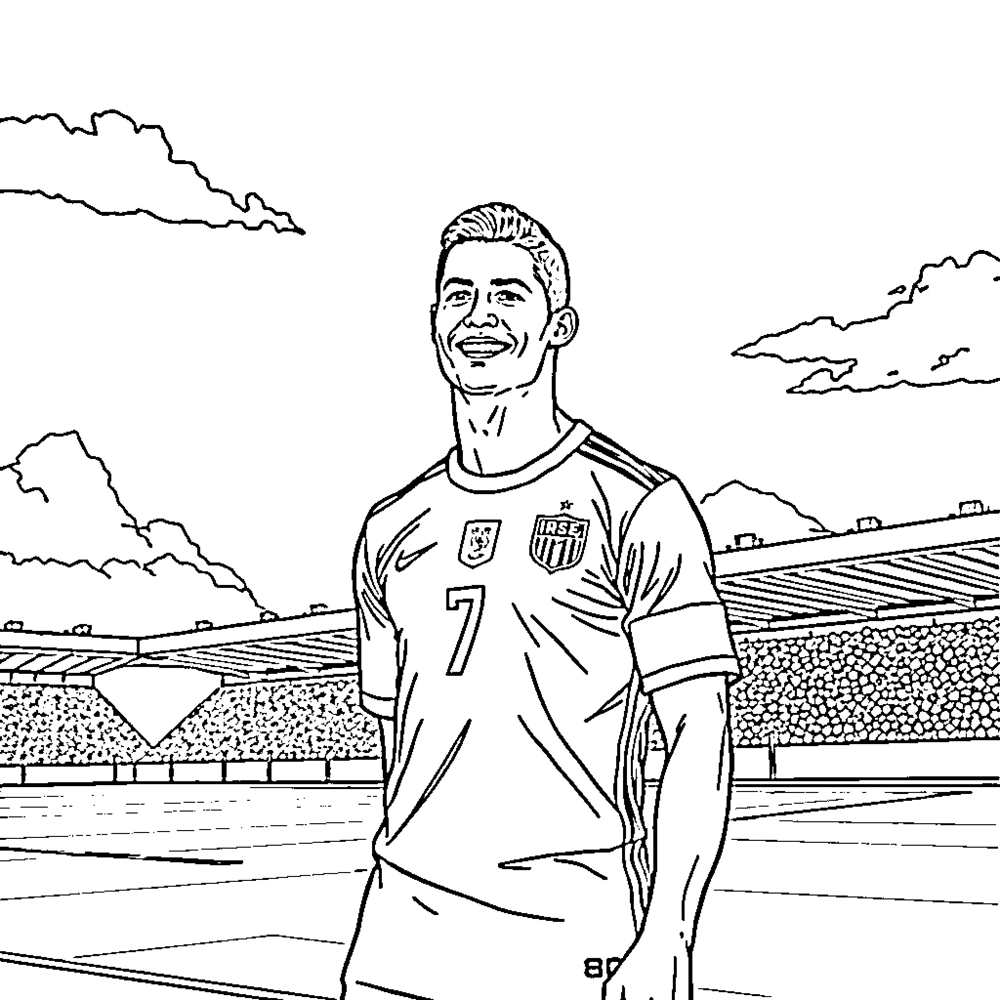 Cristiano Ronaldo playing soccer on the field Coloring Page (free black-and-white line drawing printable PDF for all, from beginners to advanced learners, including children, teens, adults, and seniors)