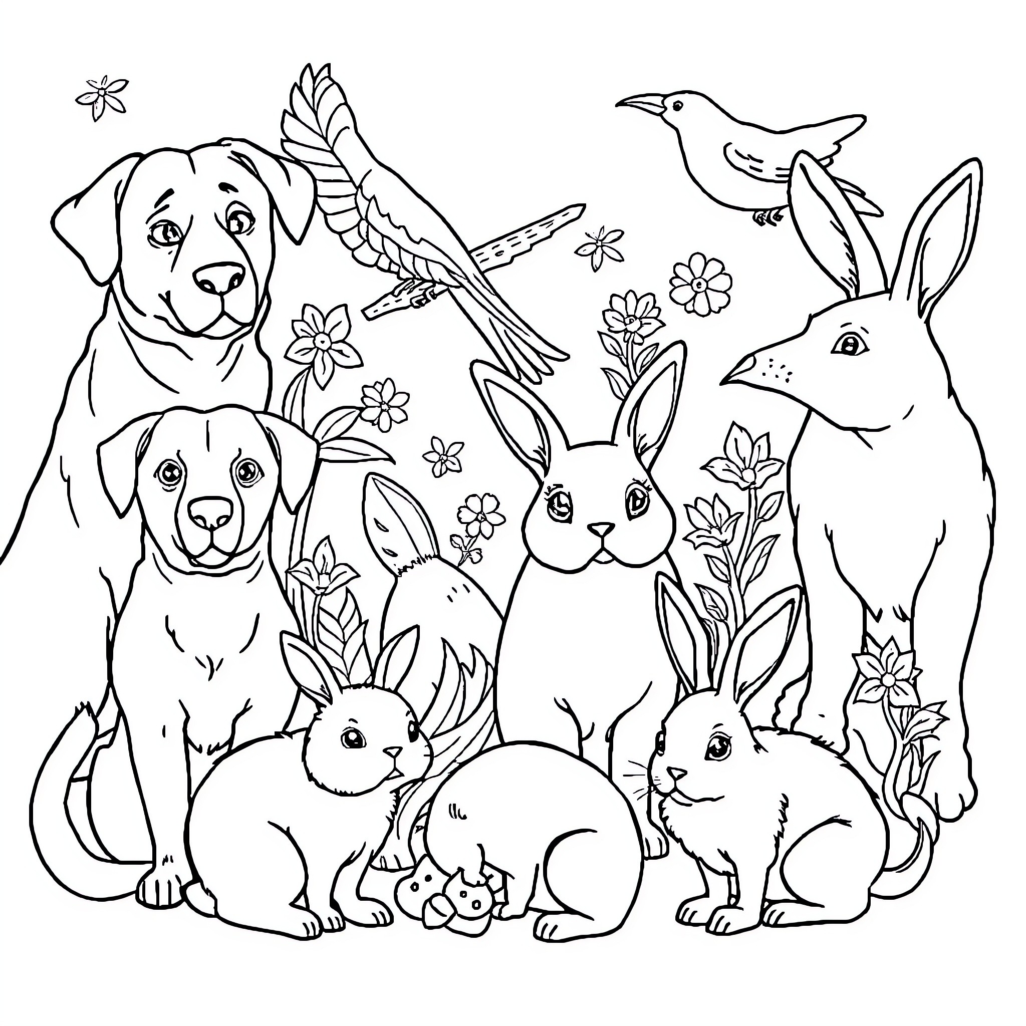 Animal gathering of puppies, bunnies, and birds in nature Coloring Page (free black-and-white line drawing printable PDF for all, from beginners to advanced learners, including children, teens, adults, and seniors)
