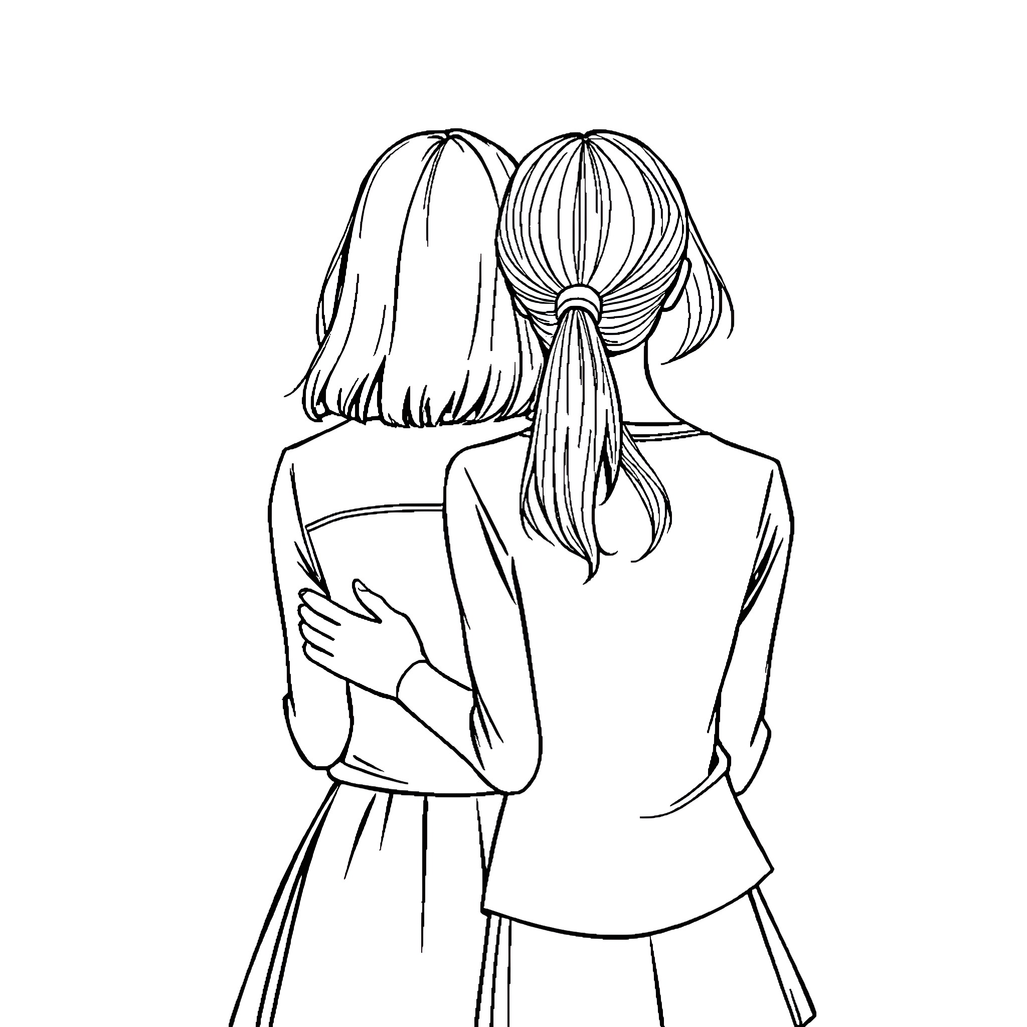 Sisters in warm embrace Coloring Page (free black-and-white line drawing printable PDF for all, from beginners to advanced learners, including children, teens, adults, and seniors)