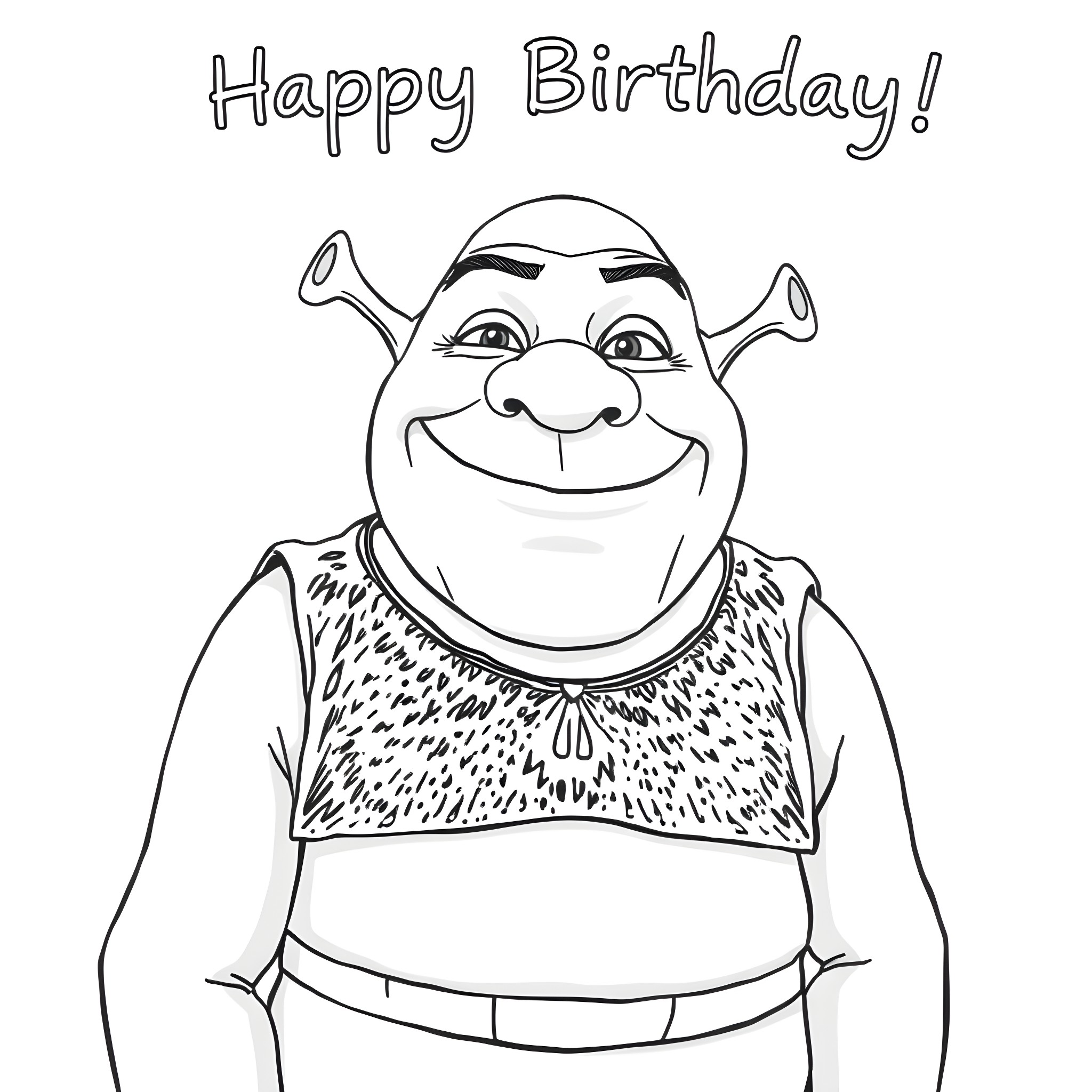 Shrek happily celebrates his birthday Coloring Page (free black-and-white line drawing printable PDF for all, from beginners to advanced learners, including children, teens, adults, and seniors)