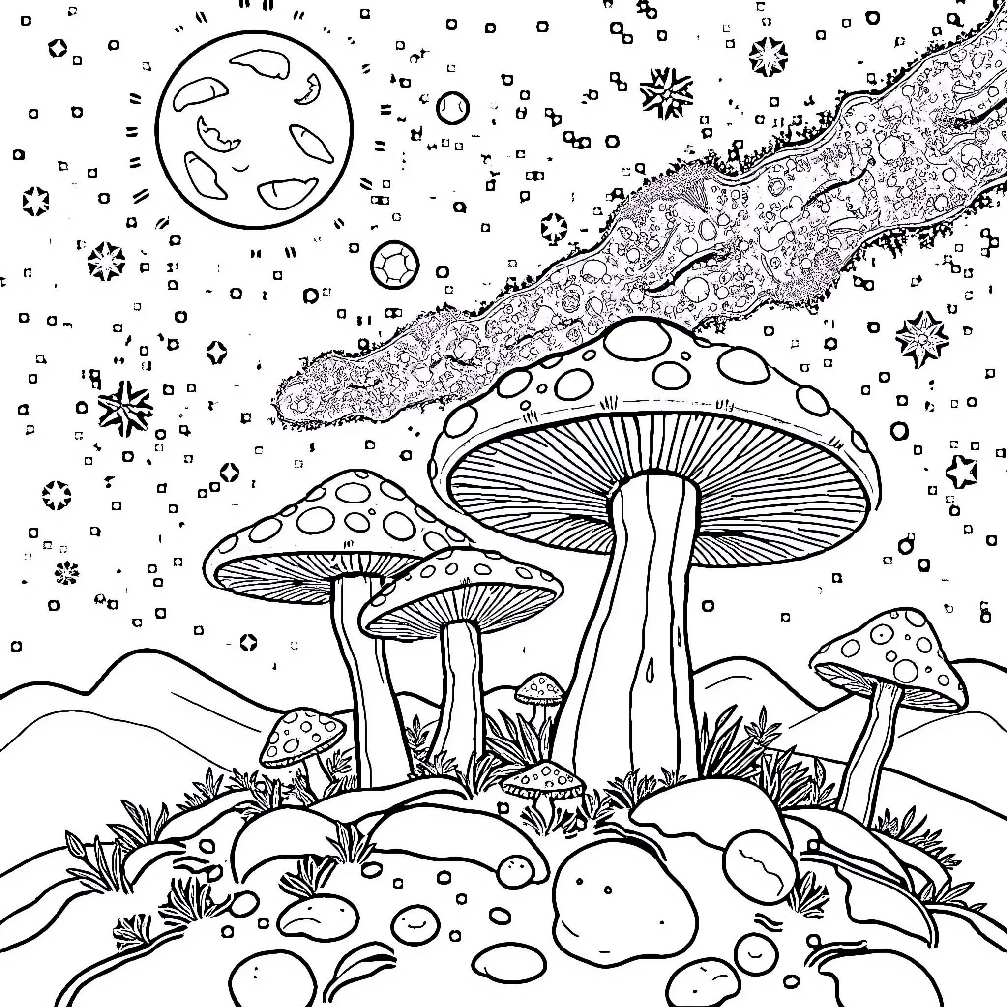 Mushroom Forest Landscape with Celestial Elements Coloring Page (free black-and-white line drawing printable PDF for all, from beginners to advanced learners, including children, teens, adults, and seniors)