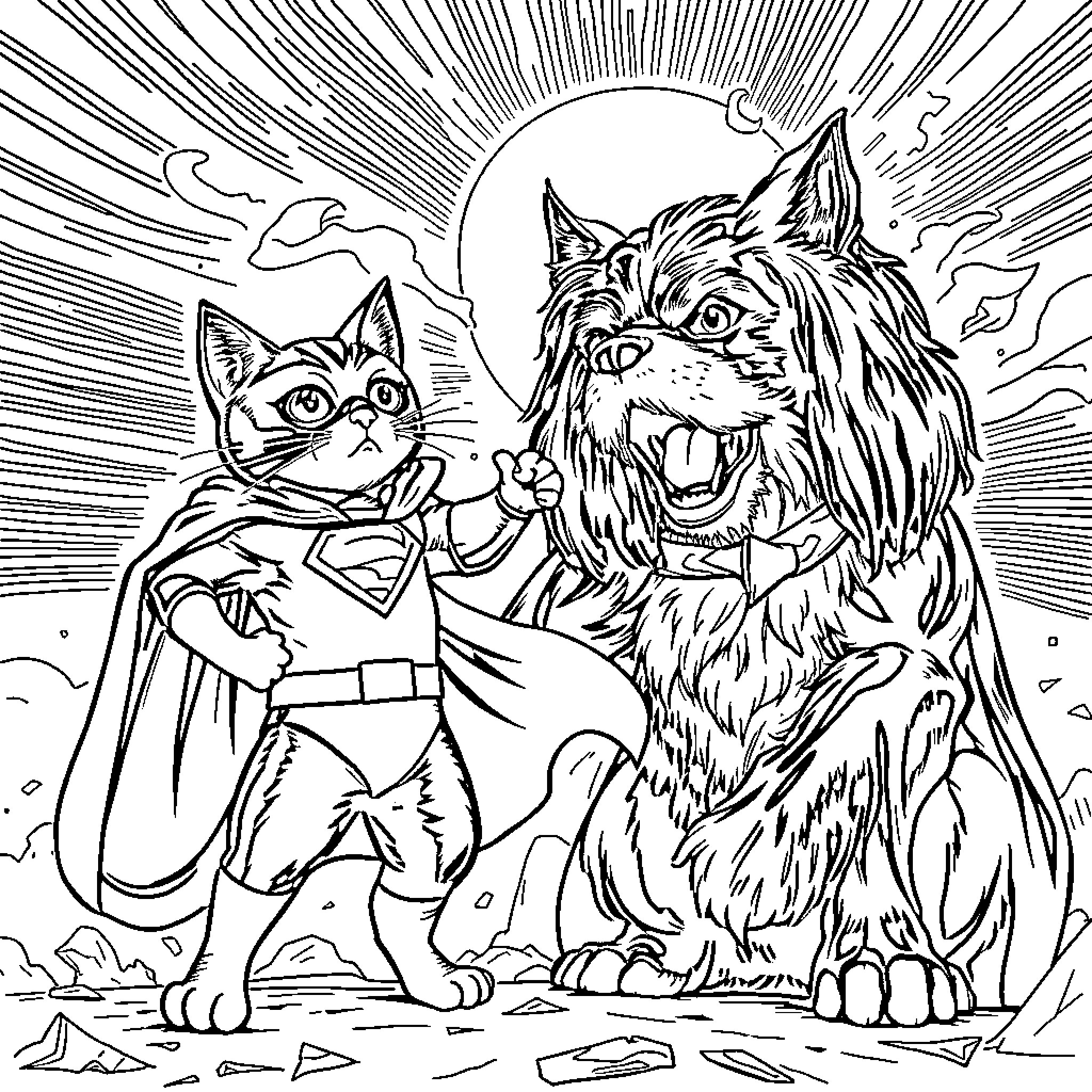 Cats in Superhero Costumes Coloring Page (free black-and-white line drawing printable PDF for all, from beginners to advanced learners, including children, teens, adults, and seniors)
