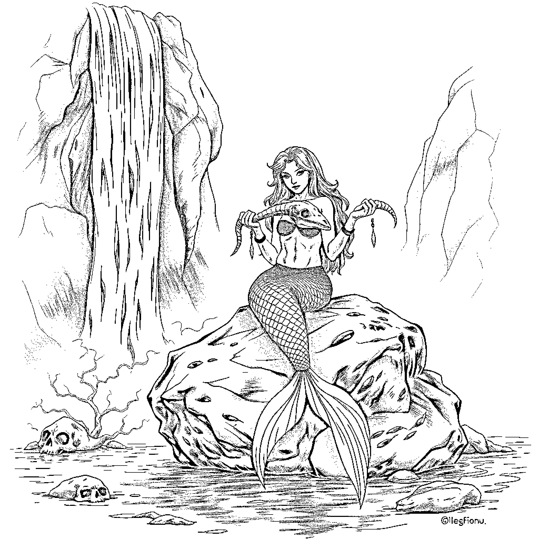 Mermaid resting on a rocky shoreline Coloring Page (free black-and-white line drawing printable PDF for all, from beginners to advanced learners, including children, teens, adults, and seniors)