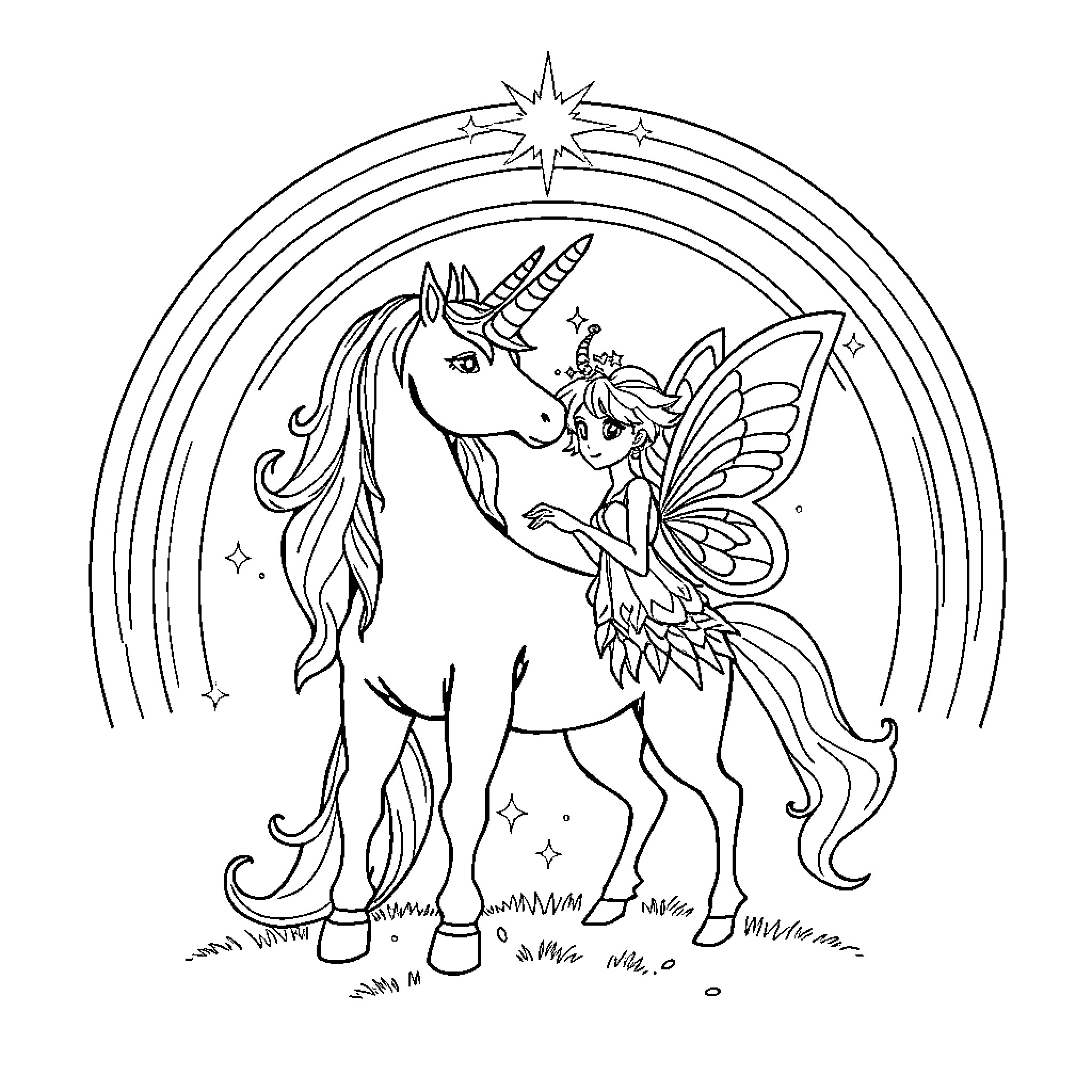 Unicorn and fairy sharing a magical moment Coloring Page (free black-and-white line drawing printable PDF for all, from beginners to advanced learners, including children, teens, adults, and seniors)