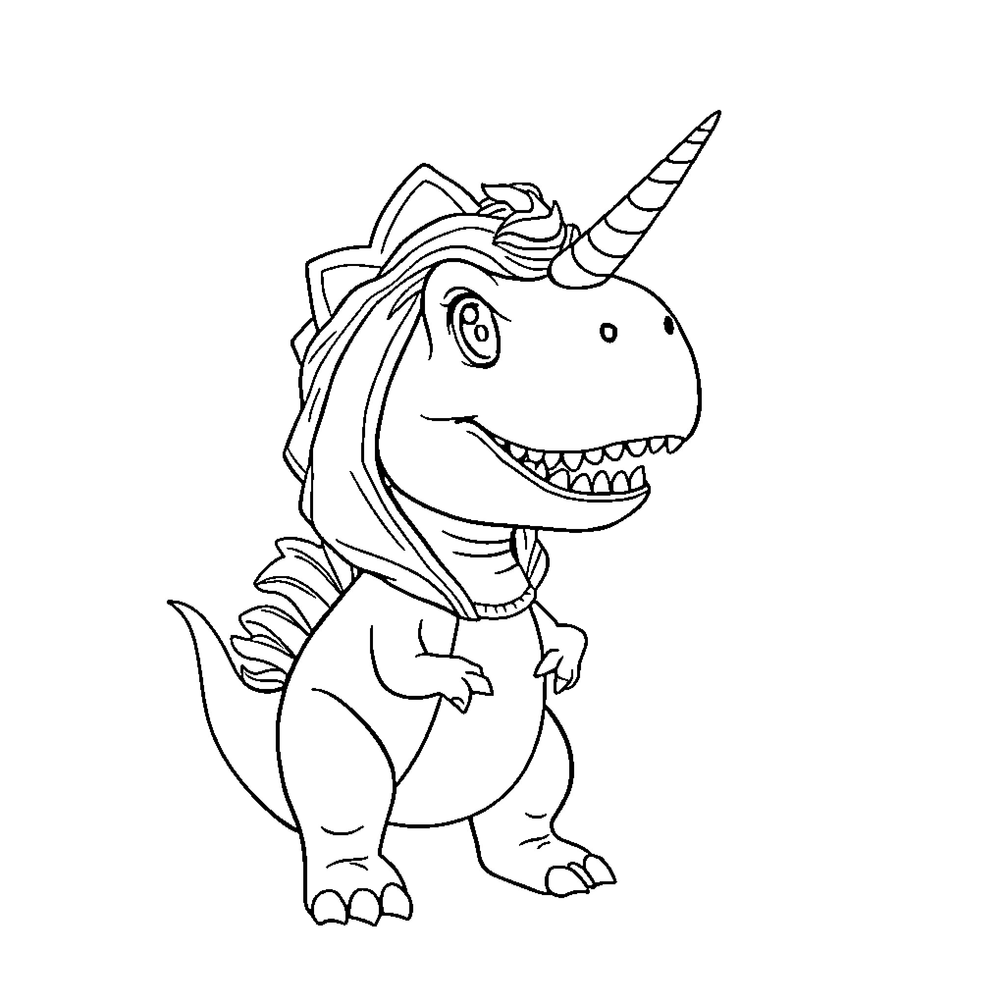 T-Rex Unicorn Smiling Happily Coloring Page (free black-and-white line drawing printable PDF for all, from beginners to advanced learners, including children, teens, adults, and seniors)