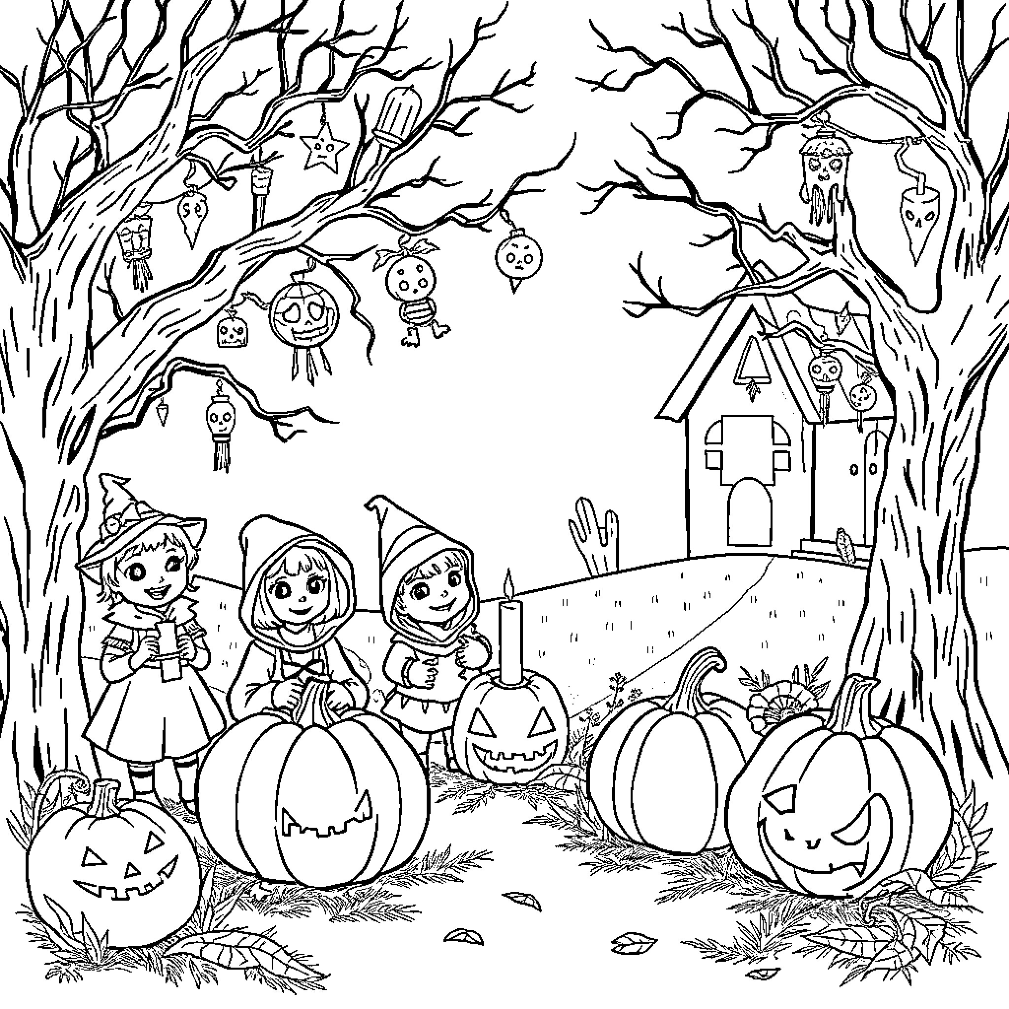 Halloween Trick-or-Treaters in Spooky Forest Coloring Page (free black-and-white line drawing printable PDF for all, from beginners to advanced learners, including children, teens, adults, and seniors)