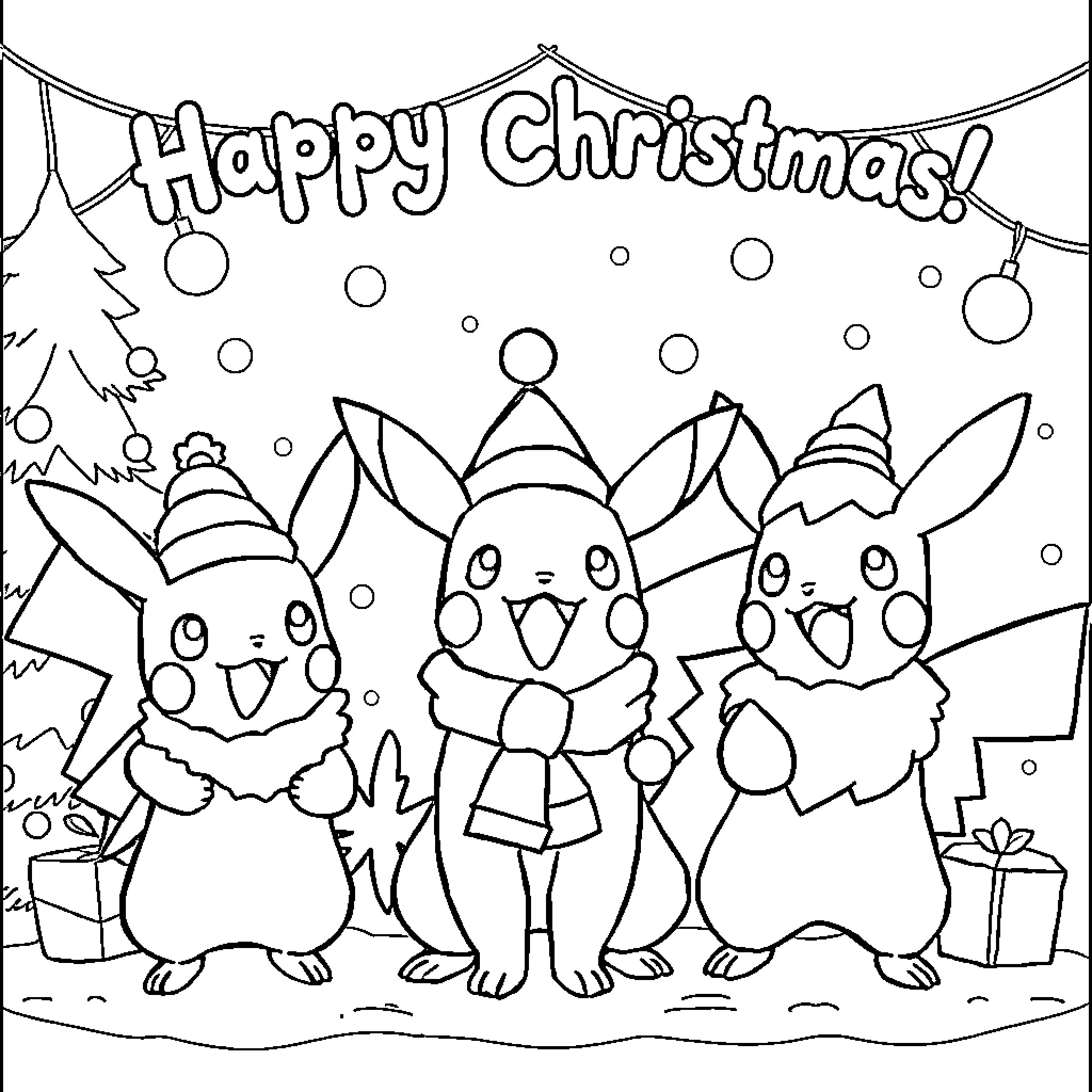 Pokémon characters celebrating Happy Christmas Coloring Page (free black-and-white line drawing printable PDF for all, from beginners to advanced learners, including children, teens, adults, and seniors)