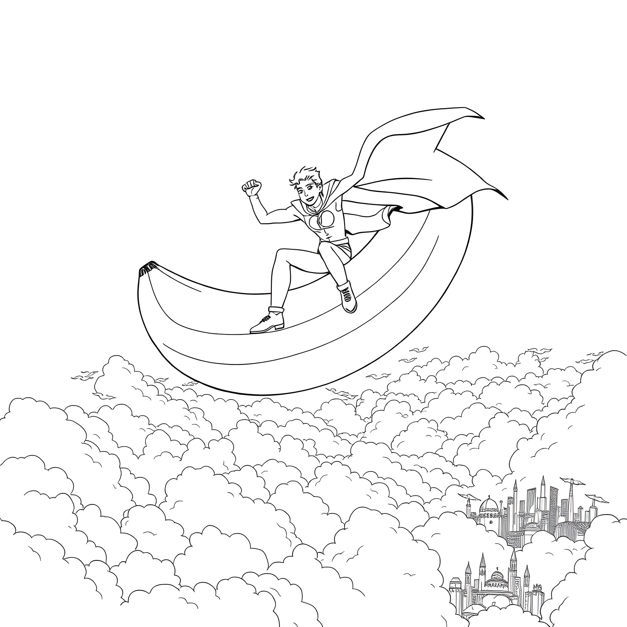 Man riding a flying object in the sky Coloring Page (free black-and-white line drawing printable PDF for all, from beginners to advanced learners, including children, teens, adults, and seniors)