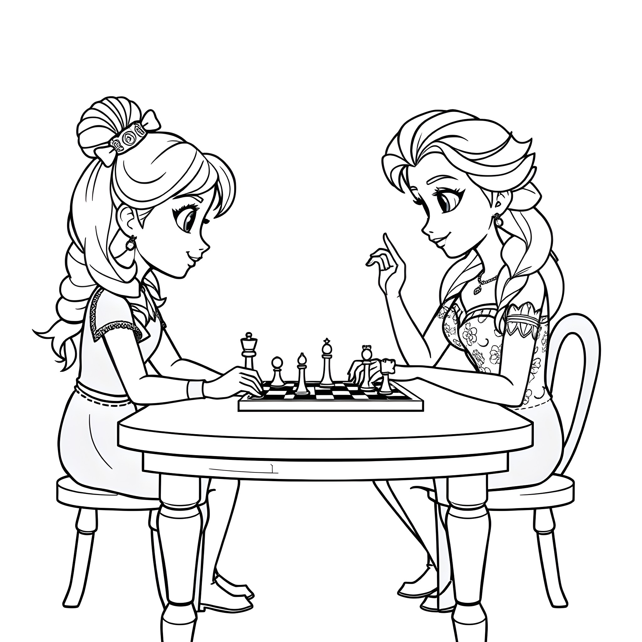 Elsa and Anna playing chess together Coloring Page (free black-and-white line drawing printable PDF for all, from beginners to advanced learners, including children, teens, adults, and seniors)