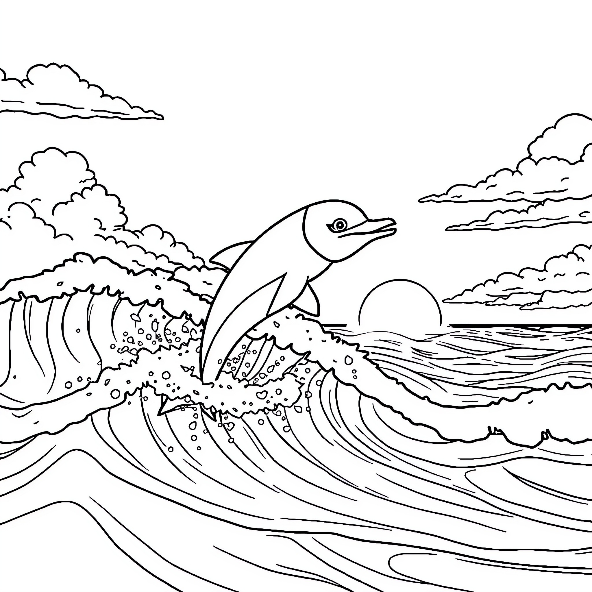 Dolphin surfing on ocean waves Coloring Page (free black-and-white line drawing printable PDF for all, from beginners to advanced learners, including children, teens, adults, and seniors)