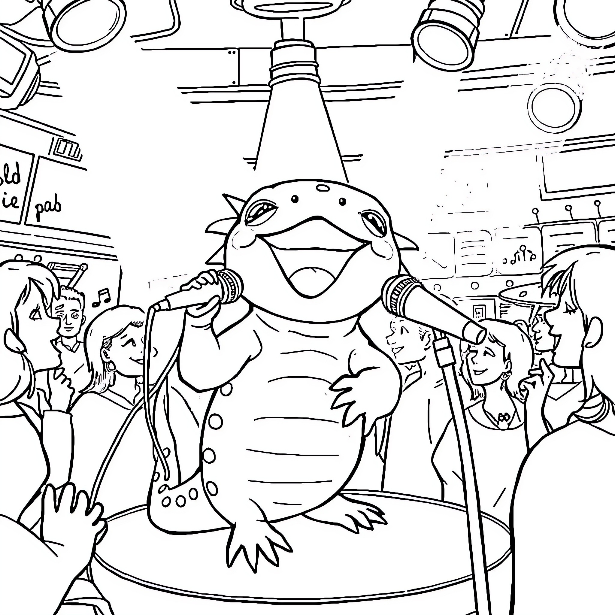 Axolotl performing on stage with crowd Coloring Page (free black-and-white line drawing printable PDF for all, from beginners to advanced learners, including children, teens, adults, and seniors)