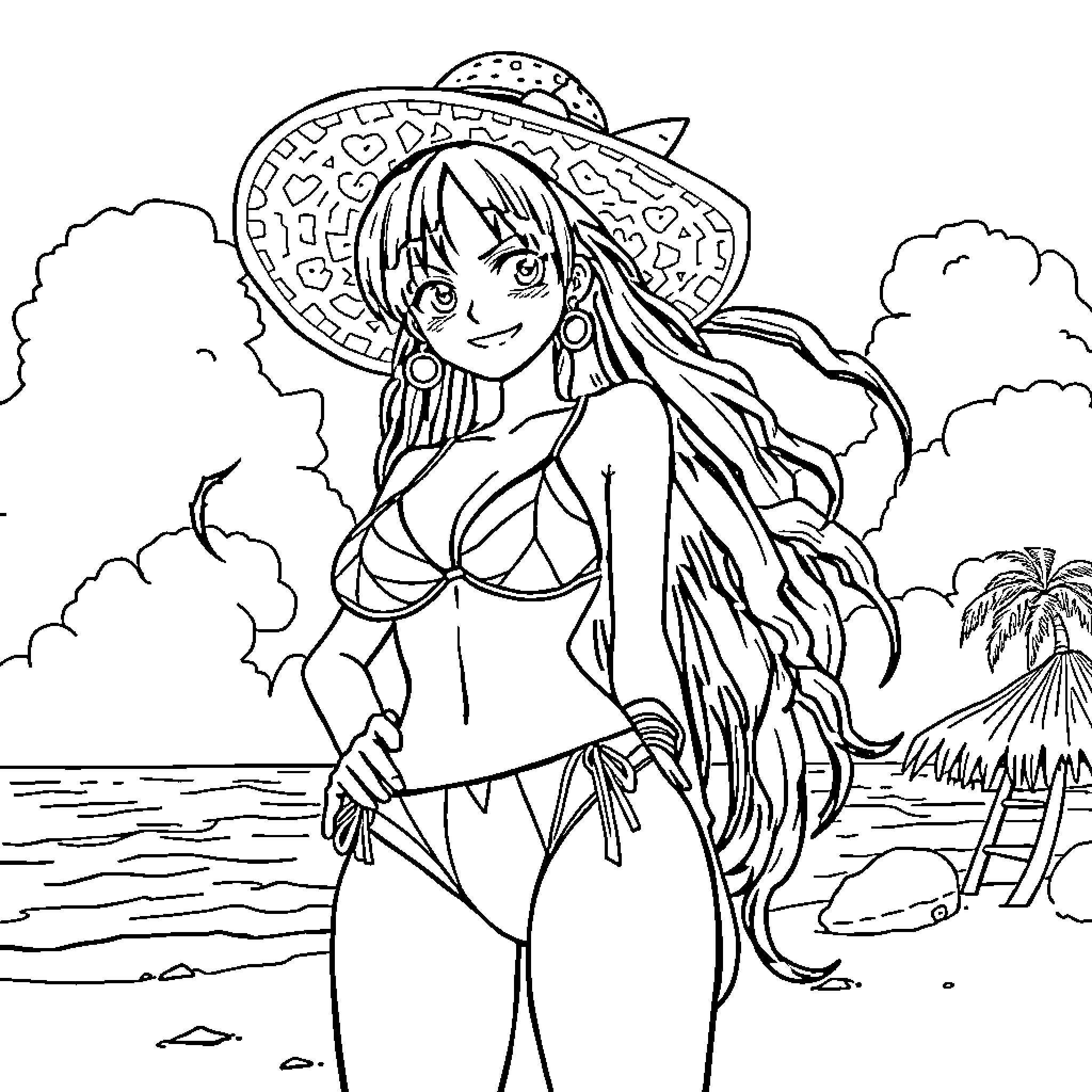 Yamato on a Tropical Beach Coloring Page (free black-and-white line drawing printable PDF for all, from beginners to advanced learners, including children, teens, adults, and seniors)