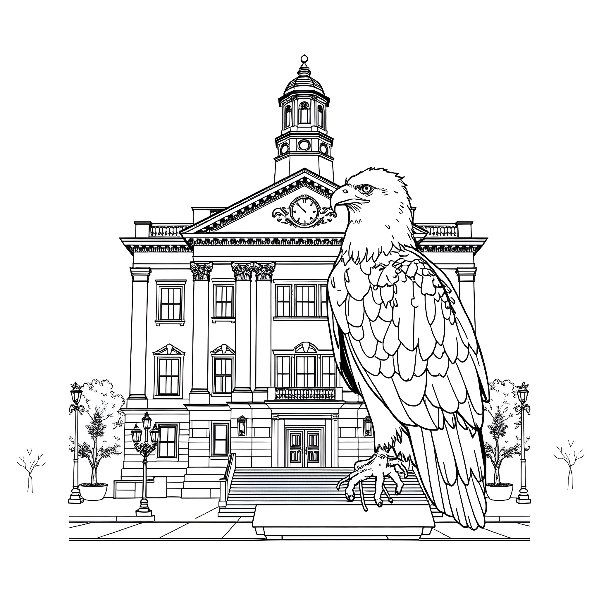 Eagle perched on historic government building Coloring Page (free black-and-white line drawing printable PDF for all, from beginners to advanced learners, including children, teens, adults, and seniors)