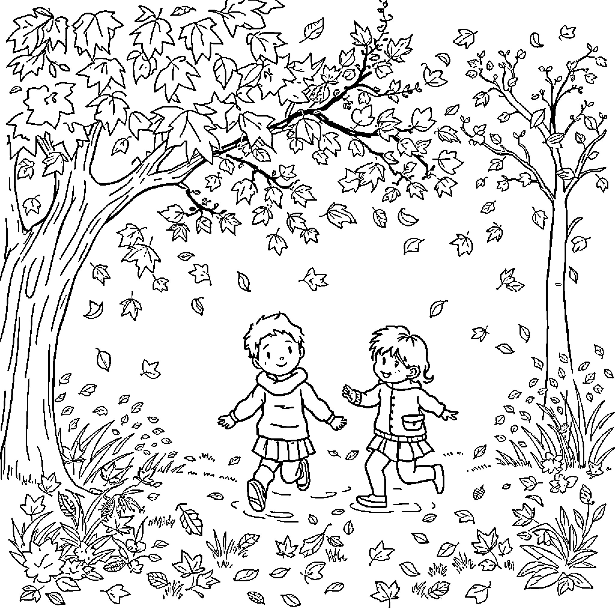 Kid playing among fallen leaves in autumn forest Coloring Page (free black-and-white line drawing printable PDF for all, from beginners to advanced learners, including children, teens, adults, and seniors)