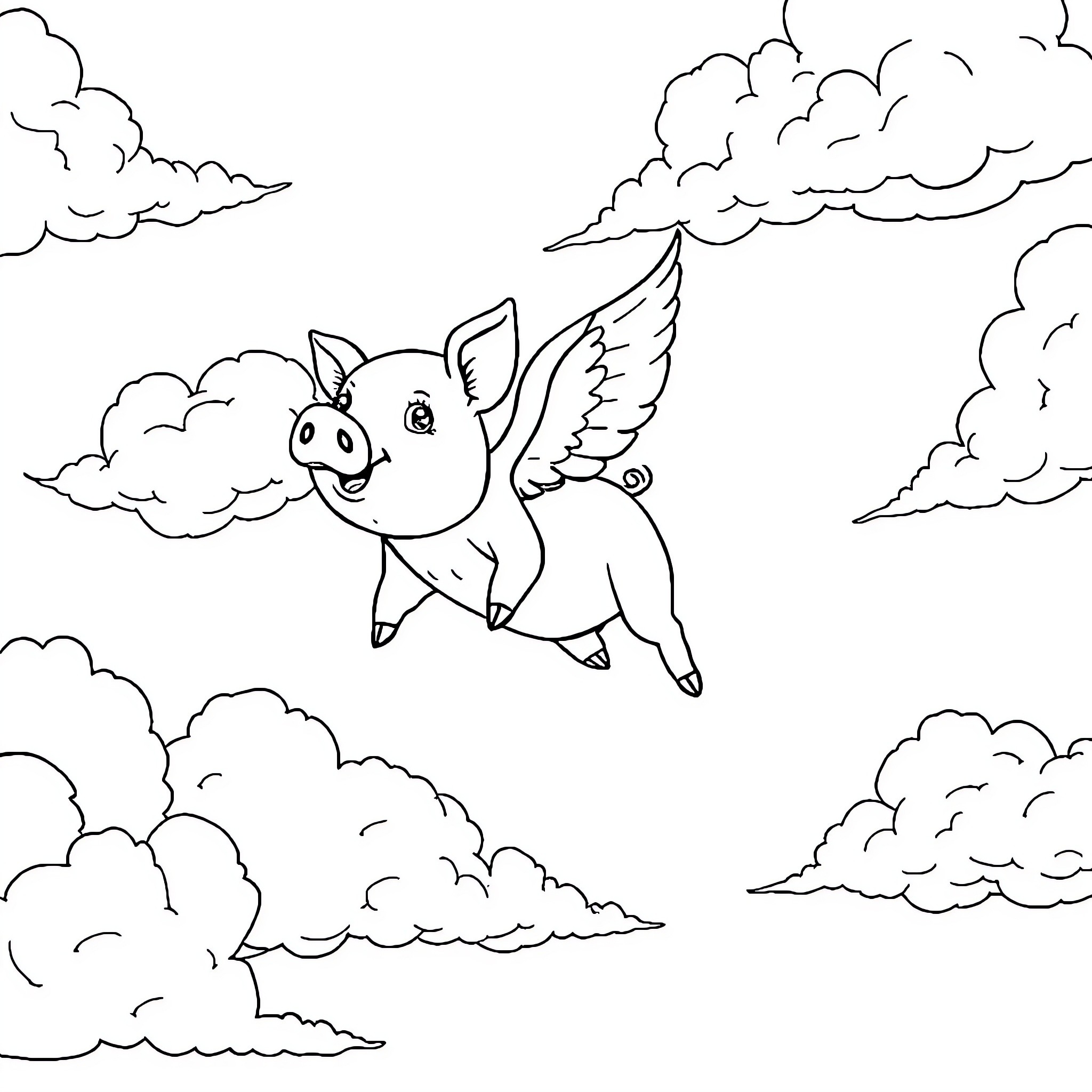 Flying Pig soaring through clouds with joy Coloring Page (free black-and-white line drawing printable PDF for all, from beginners to advanced learners, including children, teens, adults, and seniors)