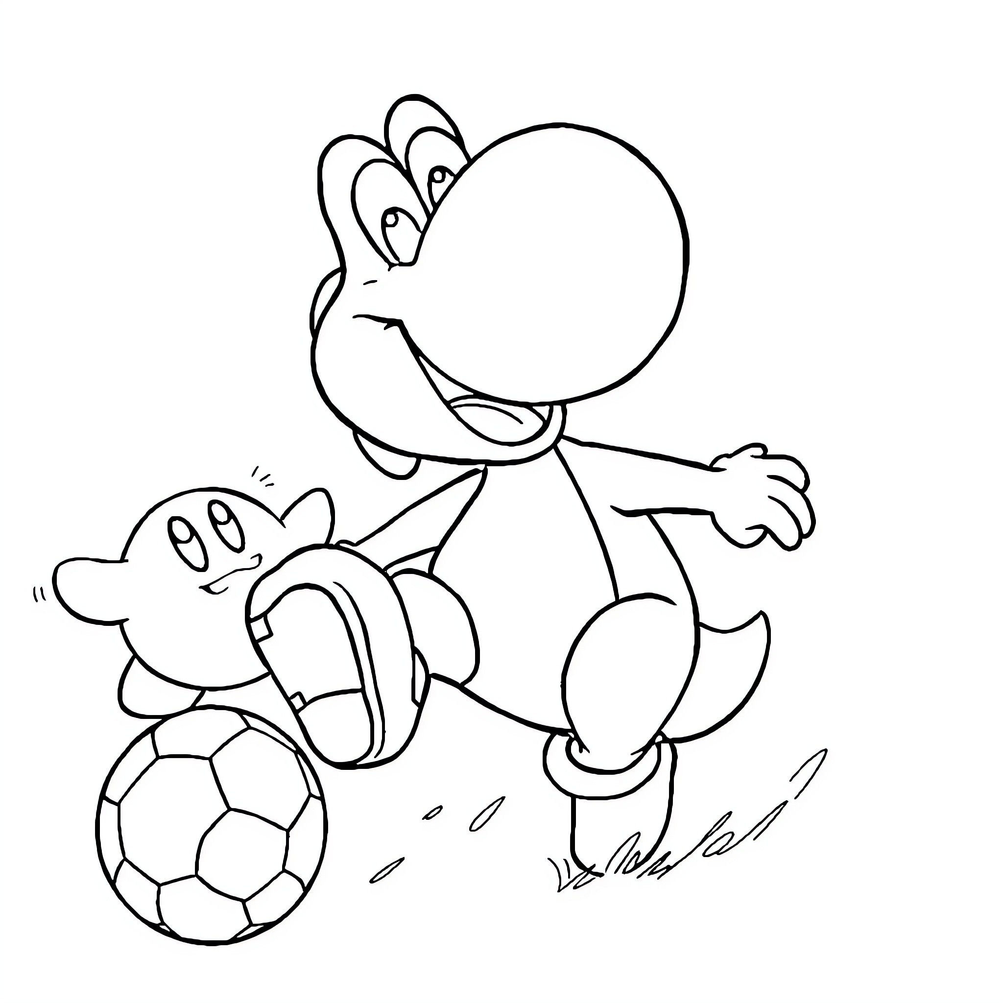 Yoshi playing with soccer ball happily Coloring Page (free black-and-white line drawing printable PDF for all, from beginners to advanced learners, including children, teens, adults, and seniors)
